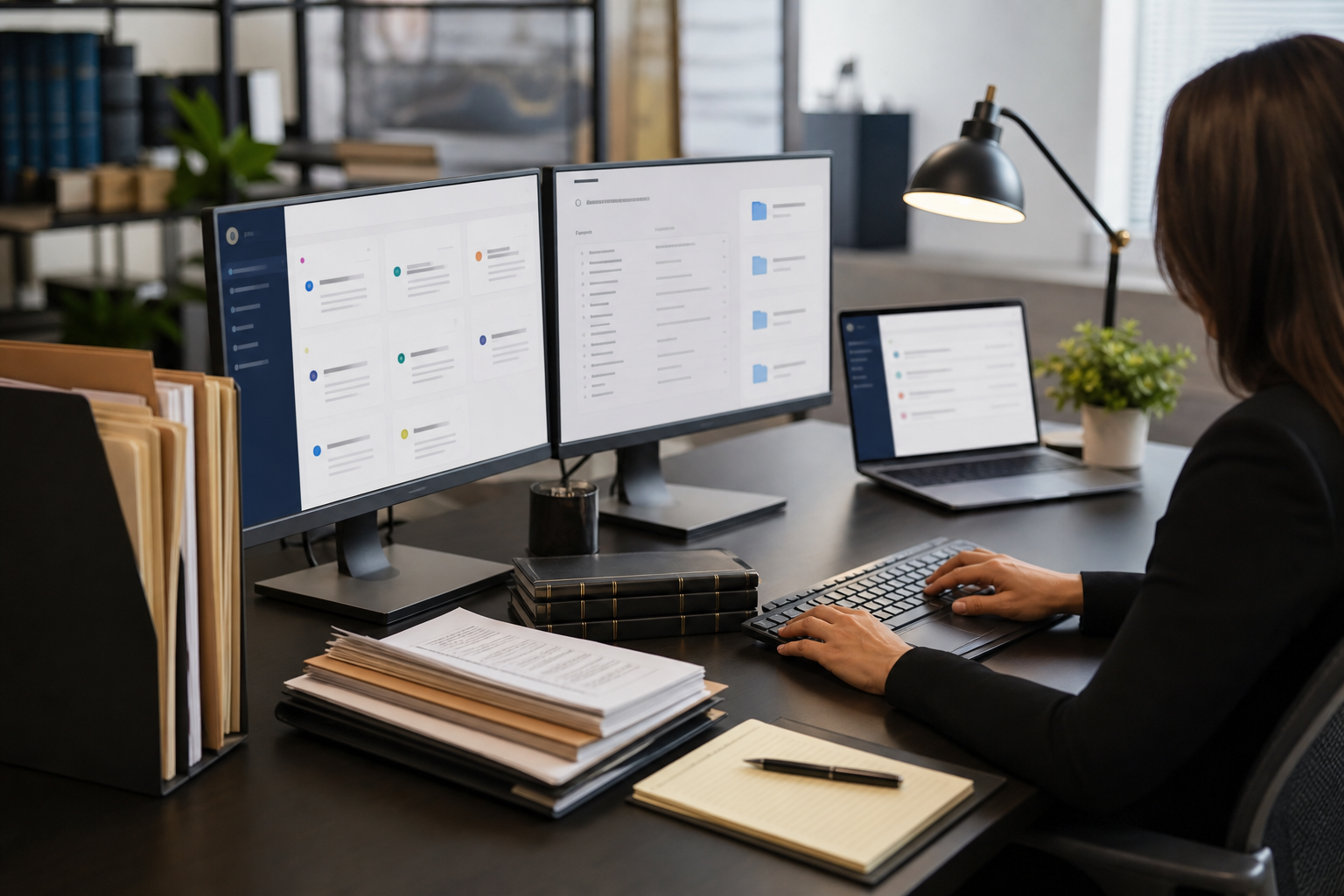 A clean and modern law office workspace showing a lawyer or paralegal at a desk with multiple computer screens displaying legal case management dashboards and filing interfaces, organized folders and legal documents neatly arranged, professional office environment with soft natural light, realistic photography style, no visible faces, depth of field background blur
