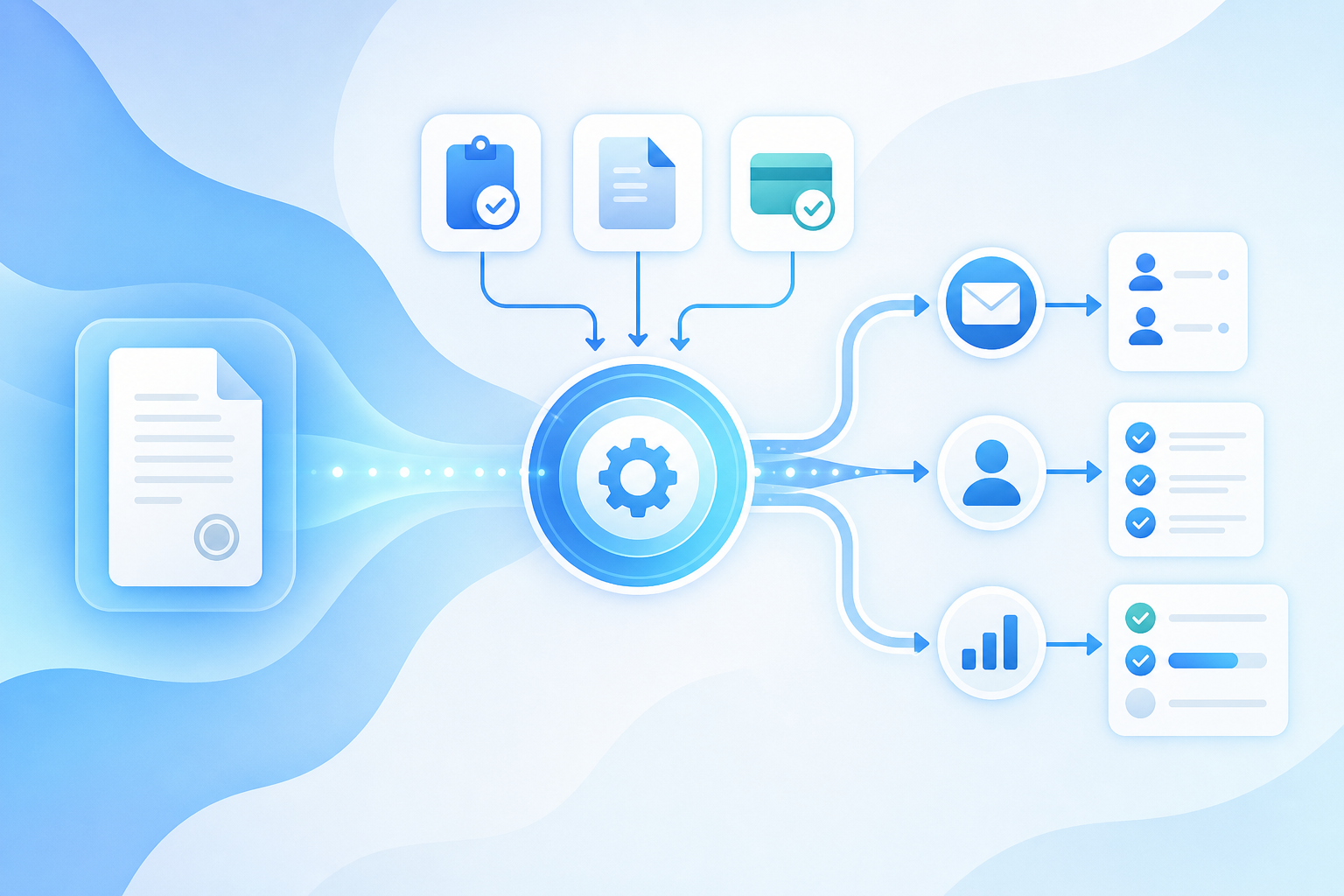 A clean, modern conceptual illustration of an automated legal case workflow engine for a bankruptcy law firm. Show an incoming court notice document flowing into a central processing hub that automatically sorts and routes it along branching paths to different outcomes: email notifications, task assignments, and status updates. Depict event triggers as small icons like a completed form, an uploaded document, and a cleared payment, each firing an arrow into the automation pipeline. Use connected nodes, flowing arrows, and a structured branching diagram style to convey automatic routing with no human watching an inbox. Soft professional color palette with blues and whites, flat vector style, no text or letters anywhere in the image.
