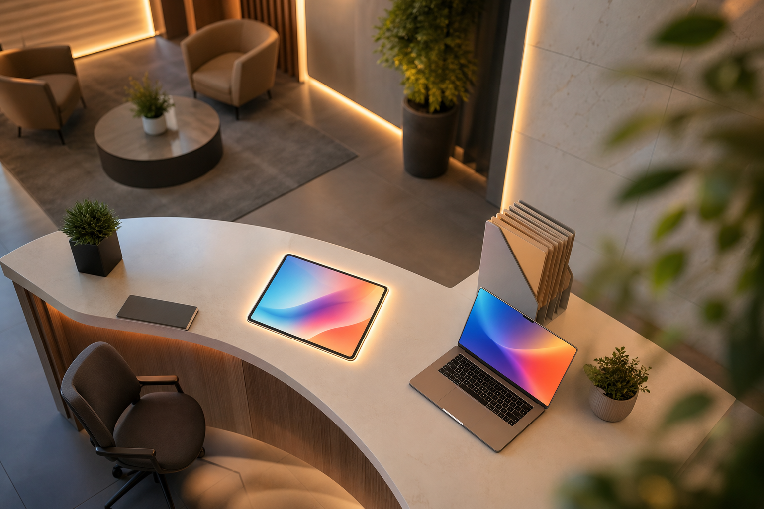 A modern law office reception area viewed from above, showing a sleek digital tablet on a clean desk with a glowing interface, a laptop open nearby, and organized folders, plants, and soft ambient lighting — conveying a calm, efficient, and technology-forward professional workspace