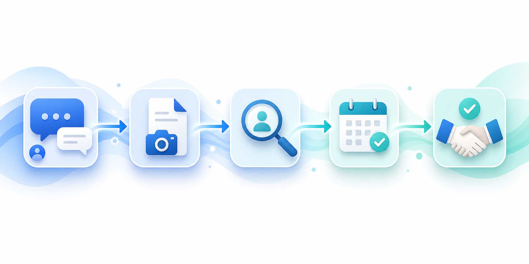 A clean, modern flat-style illustration showing a legal client intake pipeline as a connected flow of stages: a website chatbot conversation bubble, a document capture icon, a magnifying glass qualification step, a calendar consultation booking, and a signed engagement handshake, all linked by smooth connecting arrows moving left to right. Professional blue and teal color palette, minimal geometric style, soft shadows, white background, no people's faces in detail. Convey smooth, automated data movement between connected systems.