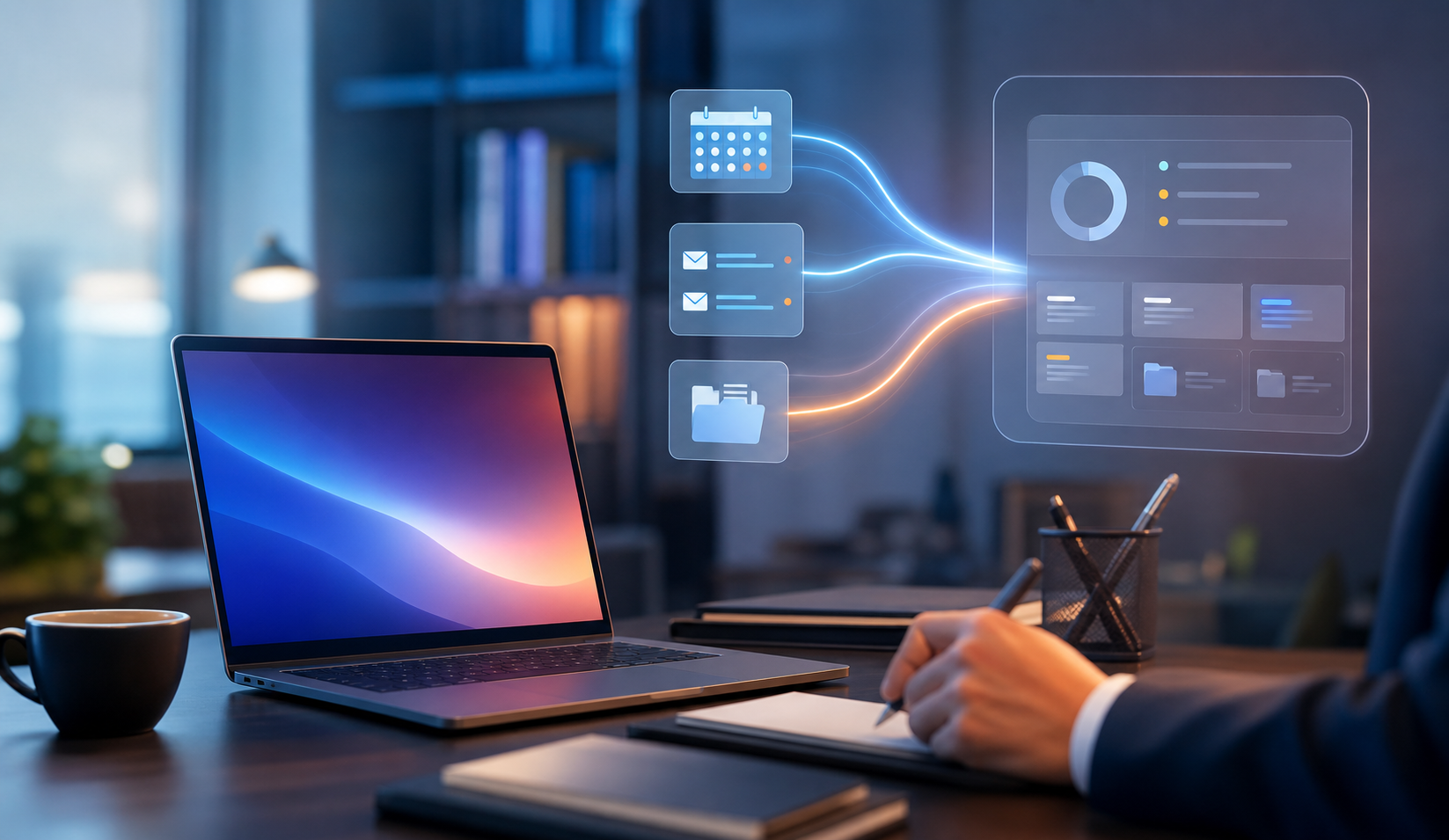 A modern law office workspace showing a laptop and calendar, email threads, and document files subtly connected by glowing lines flowing into an organized digital dashboard, representing AI automatically capturing activity in the background while a lawyer works. Clean, professional, realistic cinematic lighting, blue and warm accent tones, conveying seamless automated time capture. No text, no words, no letters.