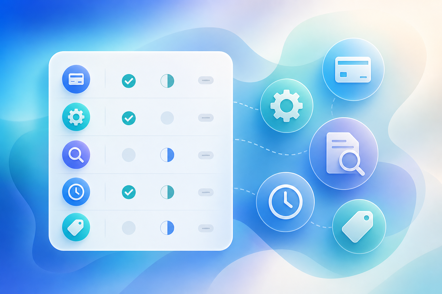 A clean, modern flat-illustration style conceptual diagram representing evaluation criteria for software selection. Show an abstract checklist or scorecard panel on one side with rows of criteria markers (checkmarks, partial indicators, dashes) rendered as simple geometric icons, alongside abstract representations of comparison dimensions like a payment card outline, a gear for automation, a magnifying glass over a document, a clock for setup time, and a price-tag shape. Use a professional color palette of blues, teals, and soft grays. Minimalist, corporate, balanced composition, no people. Absolutely no text, words, letters, or numbers anywhere in the image.