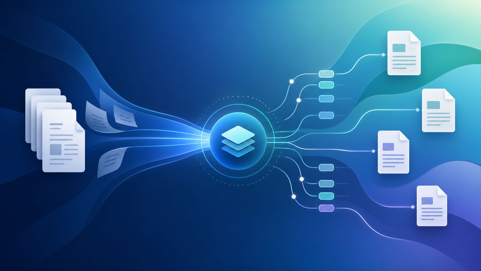 A clean, modern illustration showing the concept of legal document automation assembly. Depict abstract document templates flowing into a central processing hub, with data fields branching out and connecting to multiple finished documents. Use a professional color palette of deep blues, teals, and soft grays. Show interconnected nodes and flowing lines representing data mapping from a single source to many document destinations. Include subtle imagery of stacked paper documents transforming into organized, structured files. Flat vector style, corporate and polished, no text, no words, no letters, no numbers.