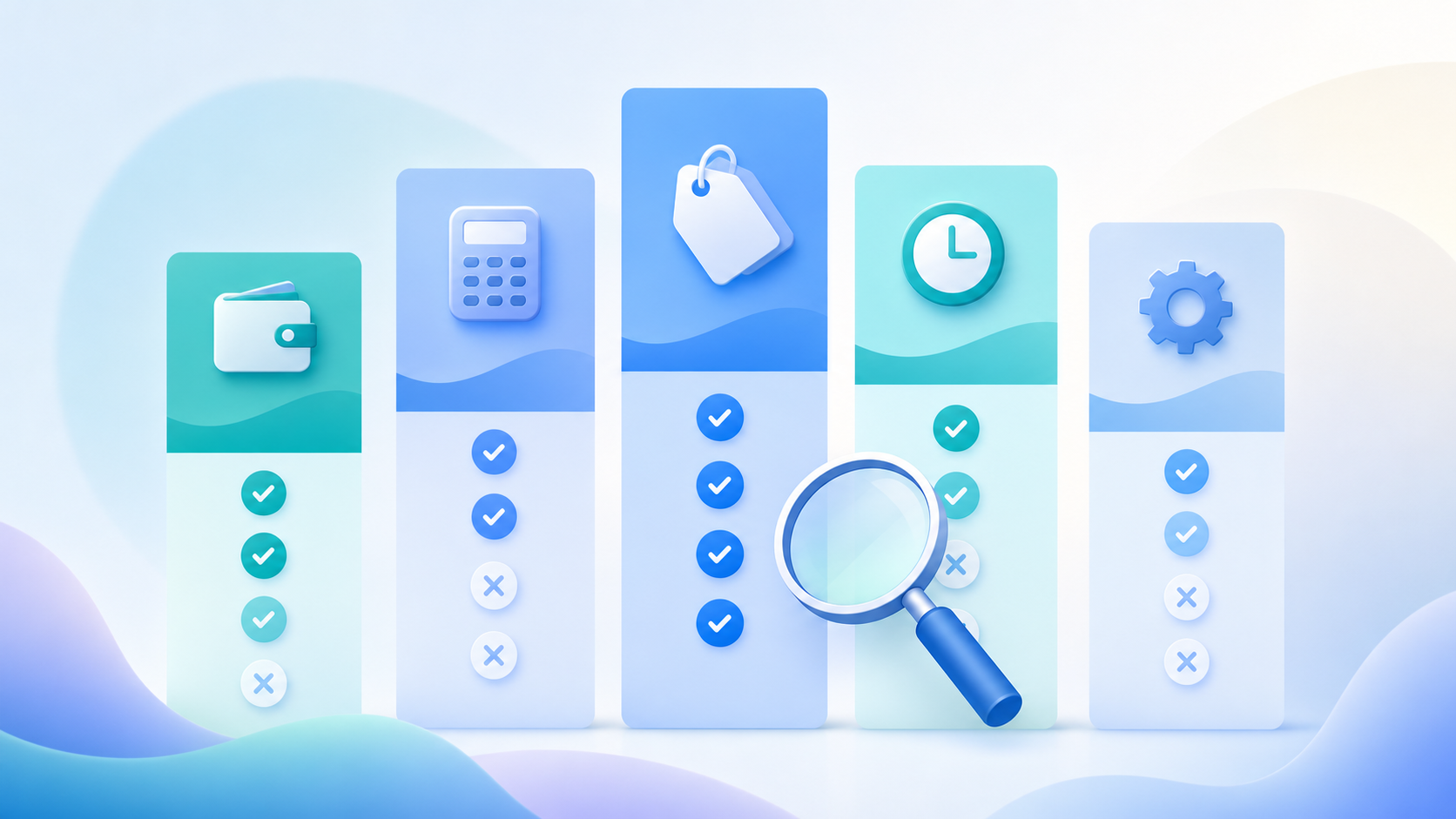 A clean, modern flat-style illustration comparing multiple software tools side by side, shown as a row of abstract vertical panels or cards of varying heights like a comparison chart, each with simple icons representing payments, calculations, pricing, and setup time. Soft blue and teal color palette, professional and minimal. Abstract checkmark and cross symbols, a magnifying glass hovering over the panels to suggest careful review. No text, no words, no letters, no numbers. Bright, airy background.