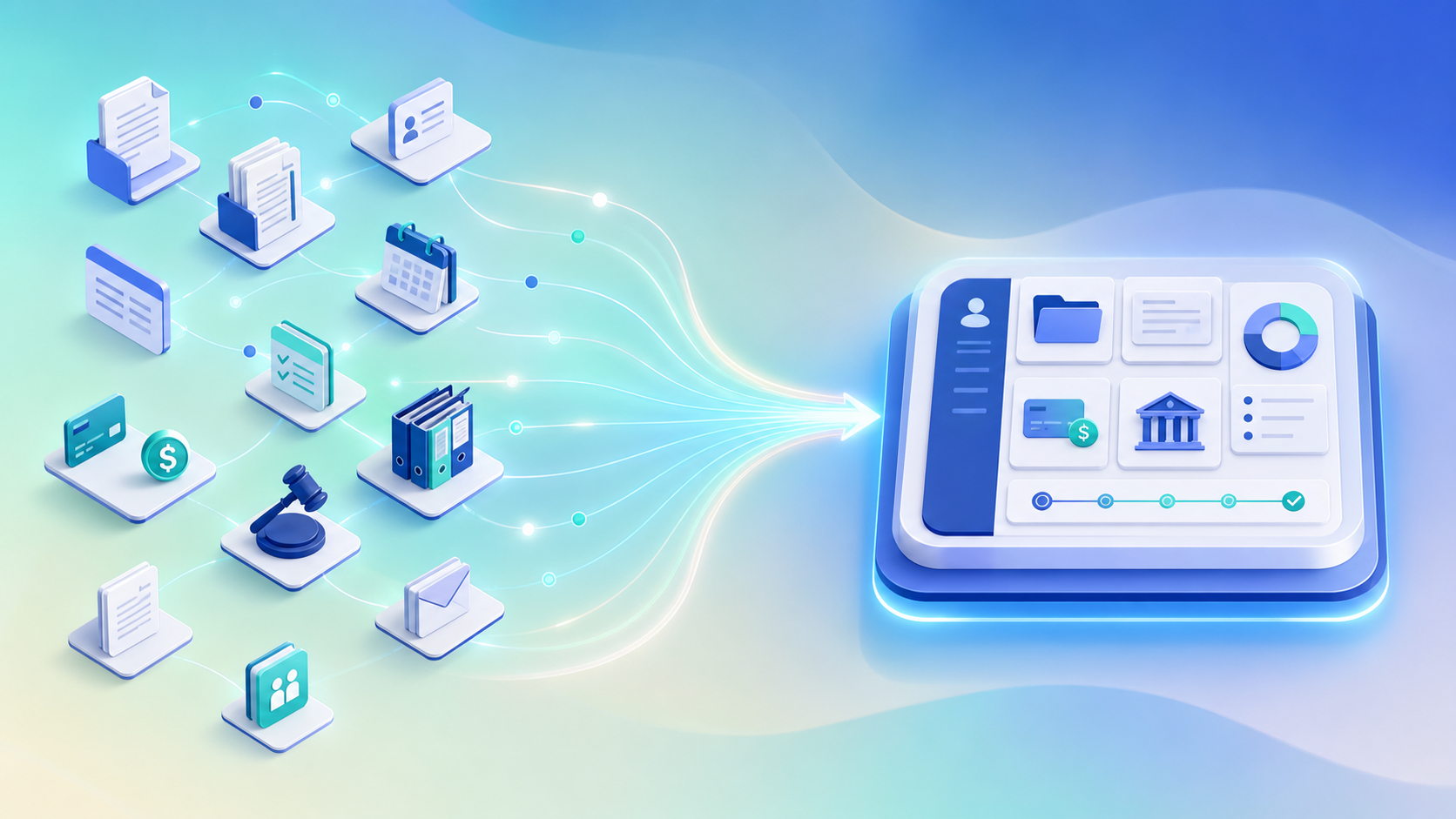 A clean, modern flat-illustration concept showing many scattered, disconnected software tool icons and workflow boxes on the left converging into a single unified central hub or dashboard on the right. Represent legal case workflow consolidation: intake, documents, payments, case management, and court tracking merging into one streamlined system. Use a professional palette of blues, teals, and soft neutrals, subtle connecting lines and nodes, isometric style, no text, no words, no letters, no numbers.