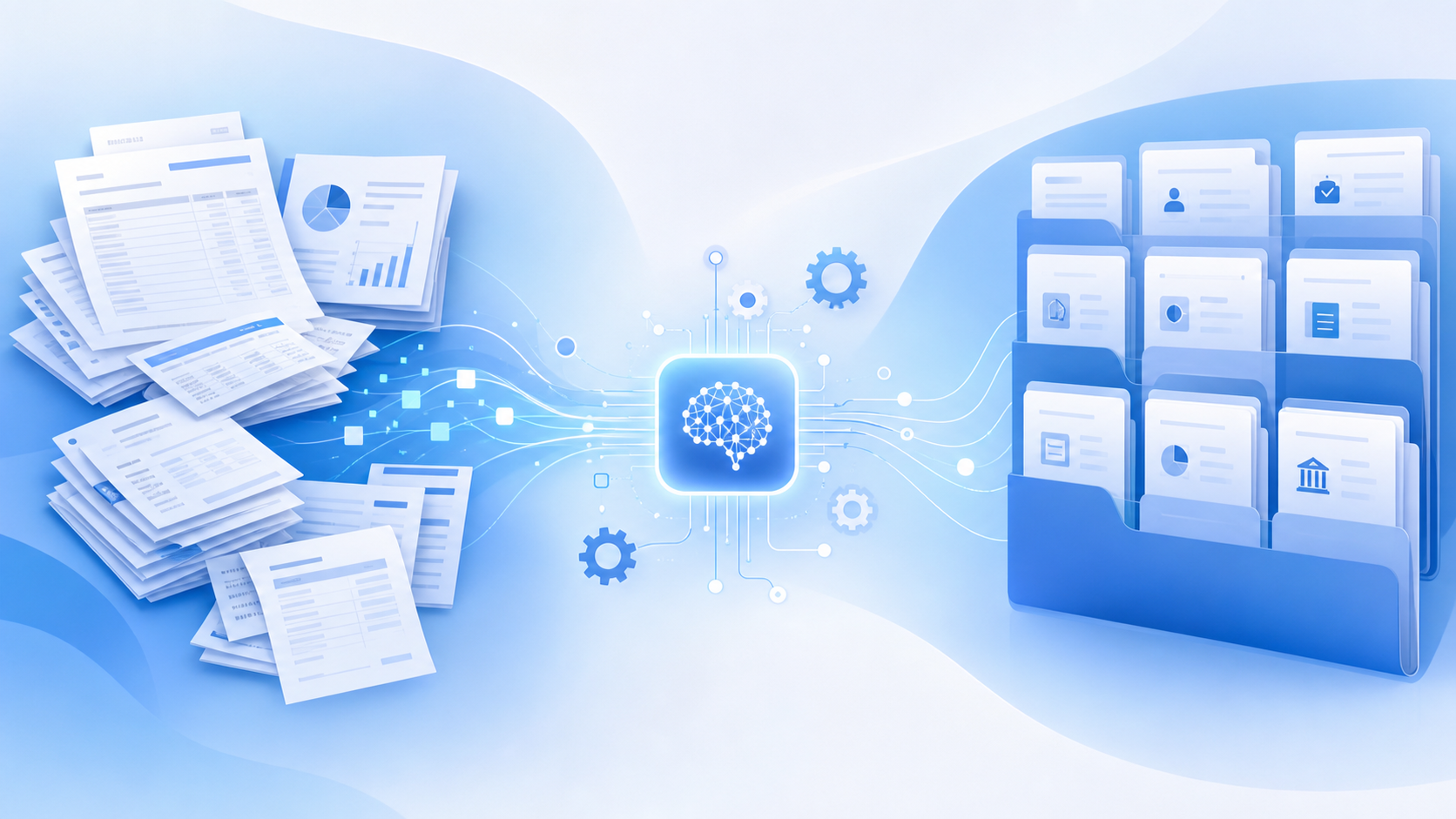 A clean, modern flat-illustration showing an automated document processing pipeline for a law office: messy stacks of financial paperwork (paystubs, credit reports, bank statements) on the left flowing through a stylized AI processing node in the center into neatly organized, structured digital case file cards on the right. Use a professional blue and white color palette, soft gradients, subtle connecting flow lines and gear/node icons suggesting automation. No text, no words, no letters, no numbers anywhere in the image.