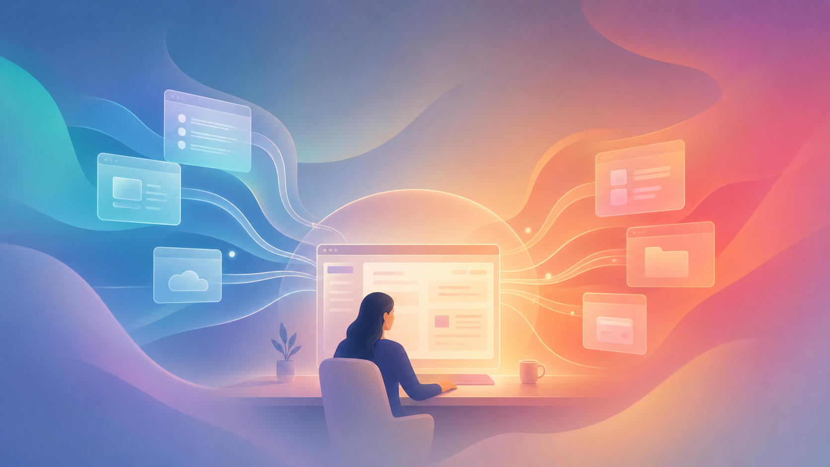 A clean conceptual illustration of a consolidated, unified software system in a law office: many scattered app windows and tangled threads converging into a single calm, central hub where one organized workspace sits. A relaxed professional figure working efficiently at the unified system, orderly flowing lines connecting intake, documents, payments, and filing into one place. Muted professional color palette, flat vector style, sense of order, efficiency, and relief. No text, no words, no letters, no numbers.