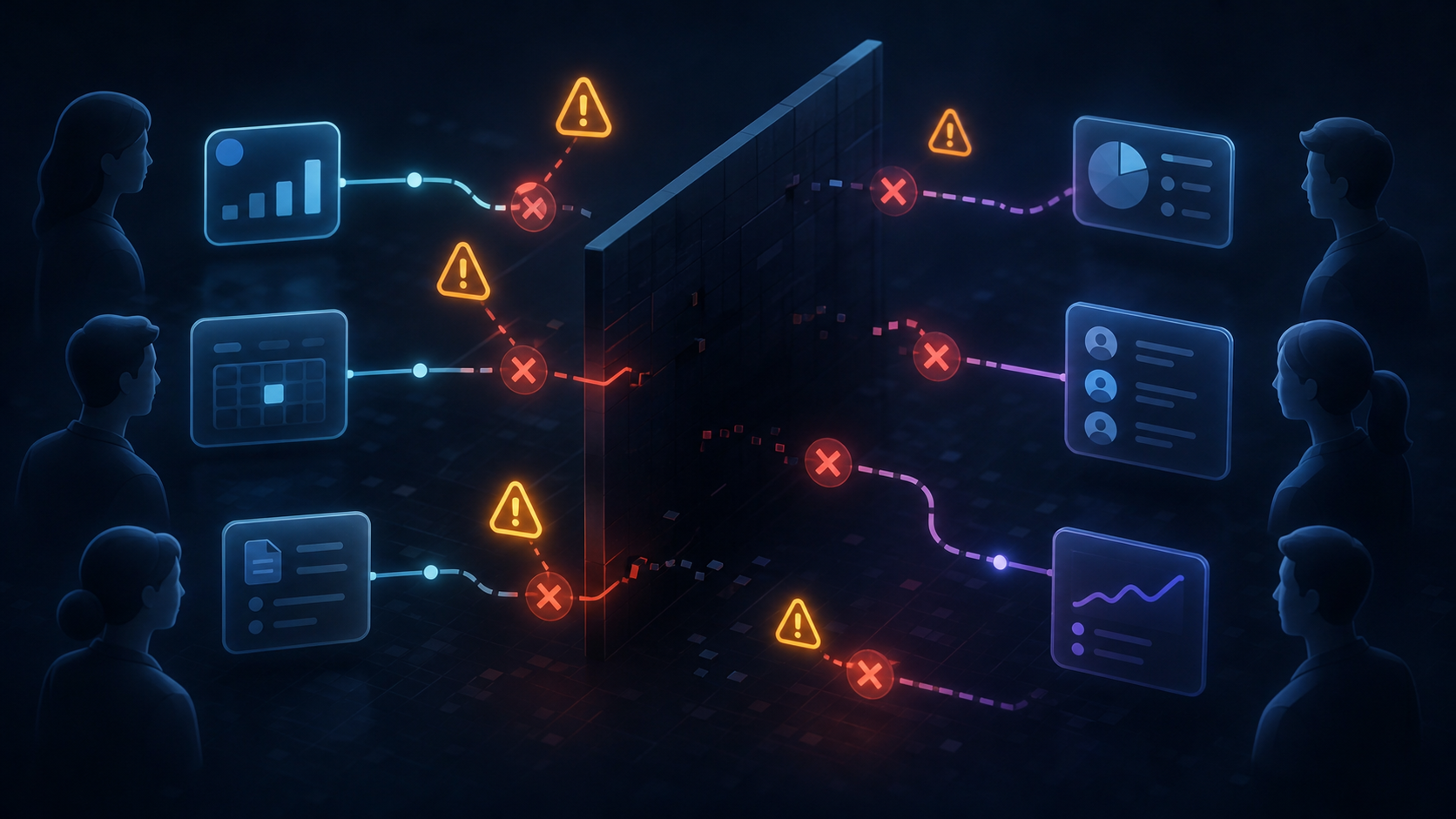 A dark, moody abstract illustration showing a complex network of disconnected nodes and broken data pipelines. Glowing orange warning signals and red error indicators float between silhouetted figures representing different team members on opposite sides of a translucent black barrier. Digital data streams are frozen mid-flow, with some lines fading into darkness. The overall aesthetic is dark tech, with deep navy blues and blacks contrasted by warning amber and red glows, symbolizing a silent failure in a system no one can see into.