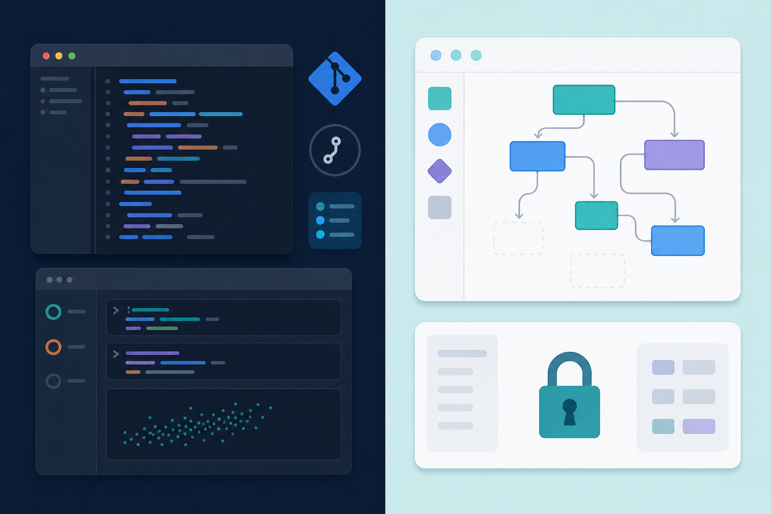 A split-screen illustration comparing two developer workspaces: on the left, a dark-themed code editor showing Python scripts with clean syntax highlighting, Git version control icons, and a Jupyter notebook interface representing modern code-based data transformation; on the right, a colorful drag-and-drop visual flow builder with boxes connected by arrows and a proprietary locked interface representing a black-box no-code pipeline editor. Cool blue and teal palette, flat design style, no text or labels anywhere.