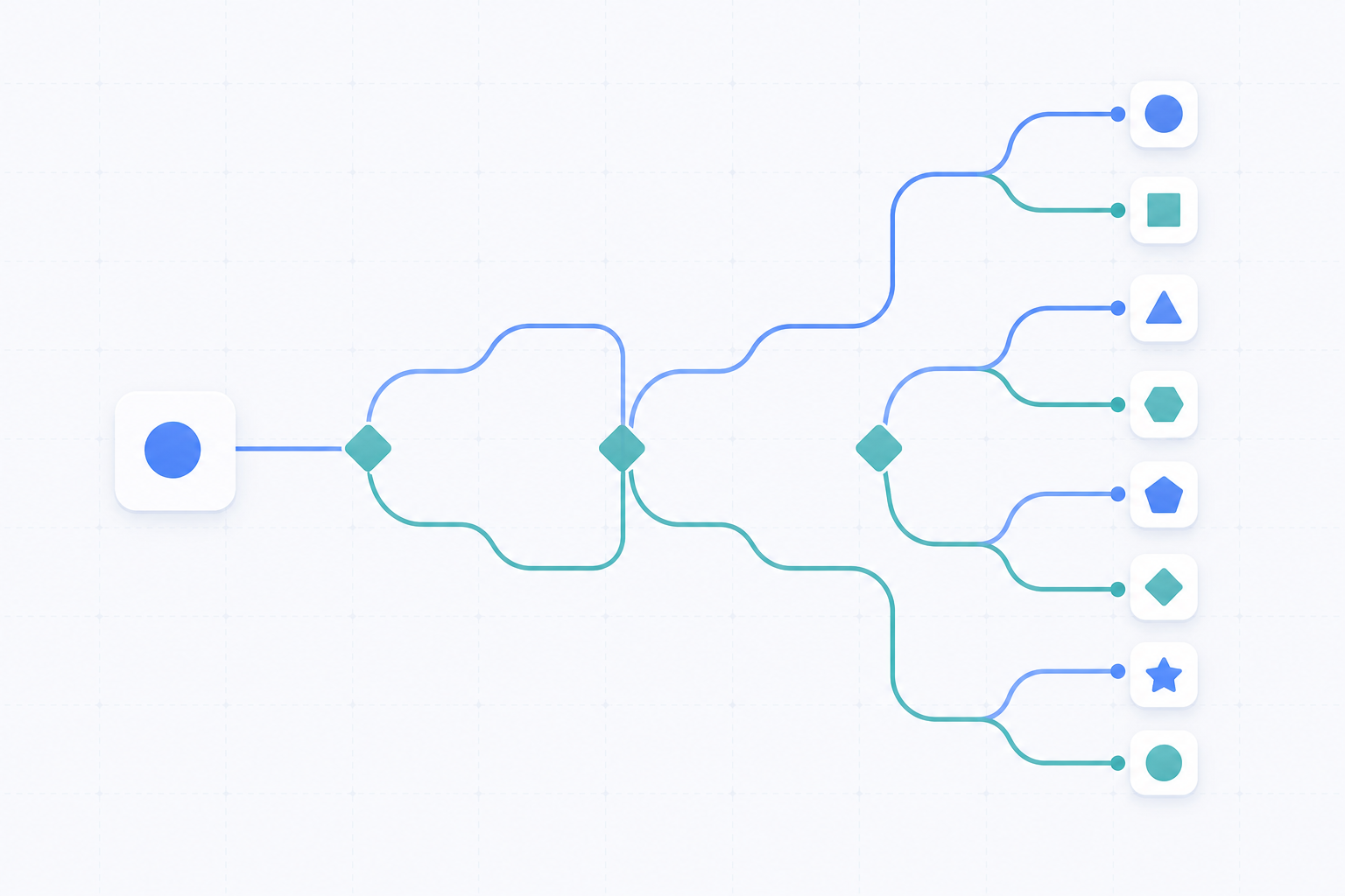 A clean flat-design illustration of a branching decision tree or flowchart with four distinct fork points, each branch splitting into two paths leading to different destination nodes. Modern dark blue and teal color palette, subtle geometric grid background, abstract shapes representing choices and outcomes, no text or labels anywhere in the image.