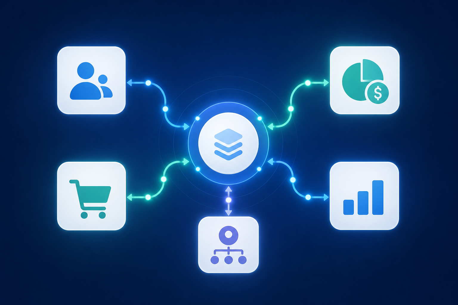 A clean, modern flat illustration showing multiple SaaS application icons (CRM, accounting, e-commerce, HR) connected by glowing data pipeline lines flowing into a central hub platform, representing integration infrastructure. The connections pulse with data flow in blue and teal tones, on a dark navy background. No text, no labels, no letters.