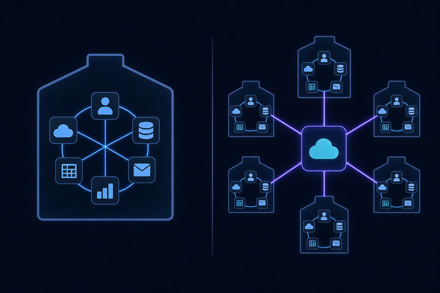 A clean split-screen diagram showing two distinct integration models: on the left, a single company building internal connections between its own tools represented as interconnected icons inside a single building outline; on the right, a SaaS product at the center with multiple customer organizations each connecting their own separate tool ecosystems into it, represented as radiating spokes from a central hub, on a dark modern background with glowing blue and purple connection lines, no text or labels