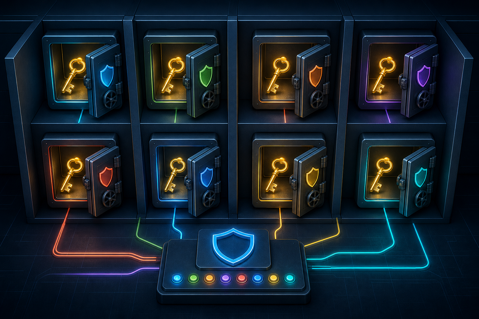 A conceptual illustration of per-tenant OAuth credential isolation in a secure vault system. Multiple separate glowing safe deposit boxes or vaults arranged in a grid, each containing a golden key representing an OAuth token, with distinct colored locks and access control badges on each vault door. The vaults are separated by solid divider walls showing true isolation. A central access control panel in the foreground with distinct colored pathways leading to each individual vault. Dark blue background with teal and gold accent lighting, clean technical abstract aesthetic, no human figures.