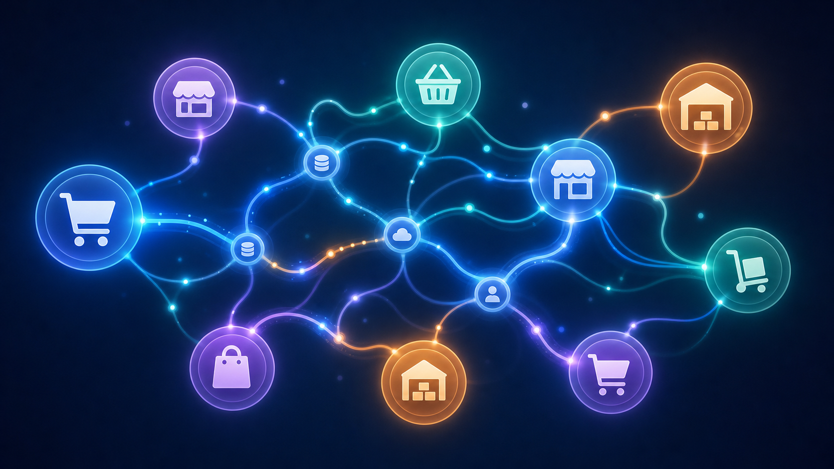 A complex network visualization showing multiple e-commerce platform nodes connected by flowing data streams, represented as glowing interconnected spheres and lines on a dark background, with each node having a distinct color and shape representing different platforms like shopping carts, marketplace storefronts, and wholesale warehouses, illustrating the fragmented and varied nature of e-commerce API ecosystems