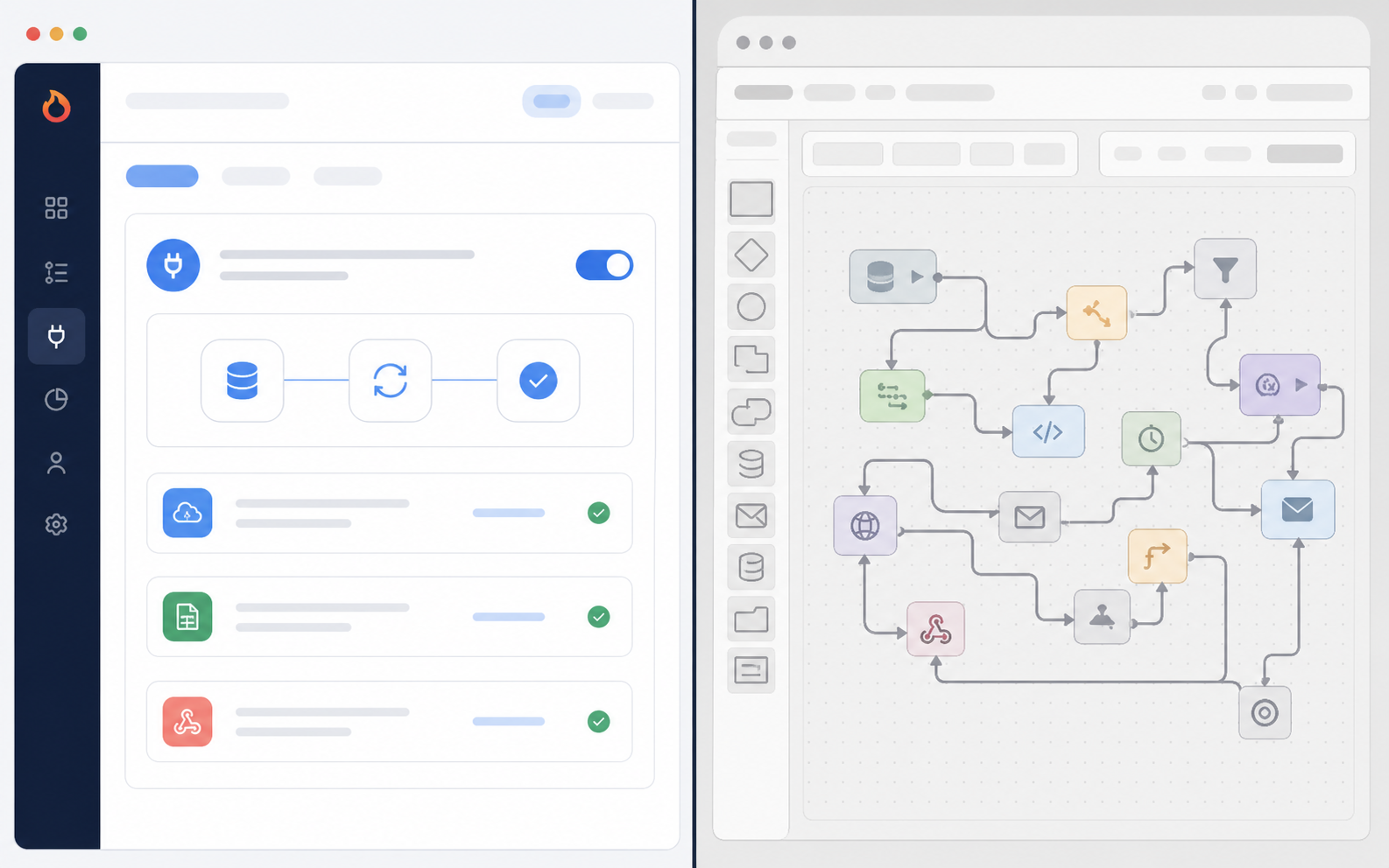 A split-screen illustration showing two software product interfaces side by side. On the left, a sleek modern SaaS dashboard with a clean native integration panel that matches the app's design. On the right, a clunky third-party automation workflow builder with nodes and arrows awkwardly embedded inside the same SaaS product, looking visually out of place. Flat design style, soft blue and gray color palette, no people, no text or labels anywhere in the image.