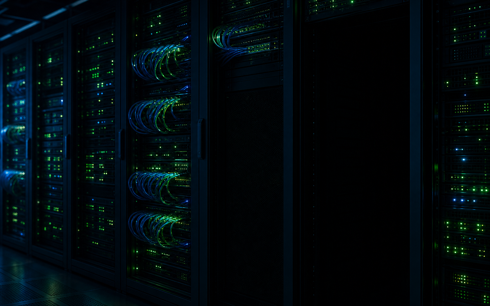 A dark server room with glowing network cables and blinking status lights, one section completely dark and unlit while surrounding servers glow green, symbolizing a silent failure hidden among active systems — no text, no labels, just moody dramatic lighting with deep blues and greens contrasting with the dark unresponsive server rack
