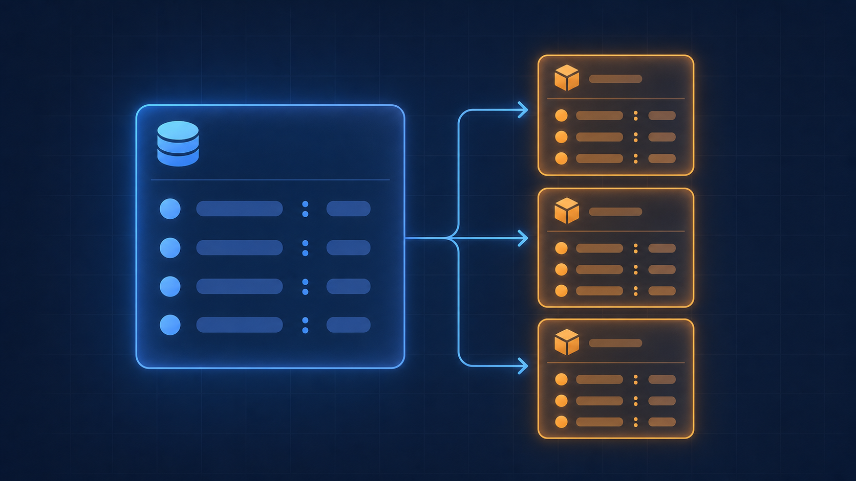 A clean technical diagram showing two distinct data containers side by side: one large container representing a shopping order with nested smaller boxes representing individual product line items inside it. The order container glows with a soft blue color and contains key-value pair symbols. Each line item container inside glows with a warm orange color and also contains smaller key-value pair symbols. Arrows show the hierarchical relationship between the outer order container and the inner line item containers. Minimal flat design style with a dark background, geometric shapes, and subtle grid lines suggesting a data schema structure.