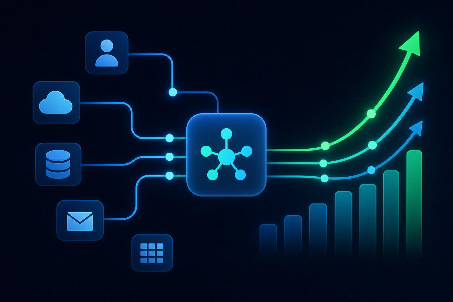 An abstract data visualization concept showing interconnected nodes and pipelines representing software integrations flowing into a central hub, with upward trending revenue growth curves emerging from the connections. The visual uses a clean, modern tech aesthetic with blues and greens on a dark background, showing a network of glowing connector lines linking various application icons to a central platform, symbolizing data flow and retention.
