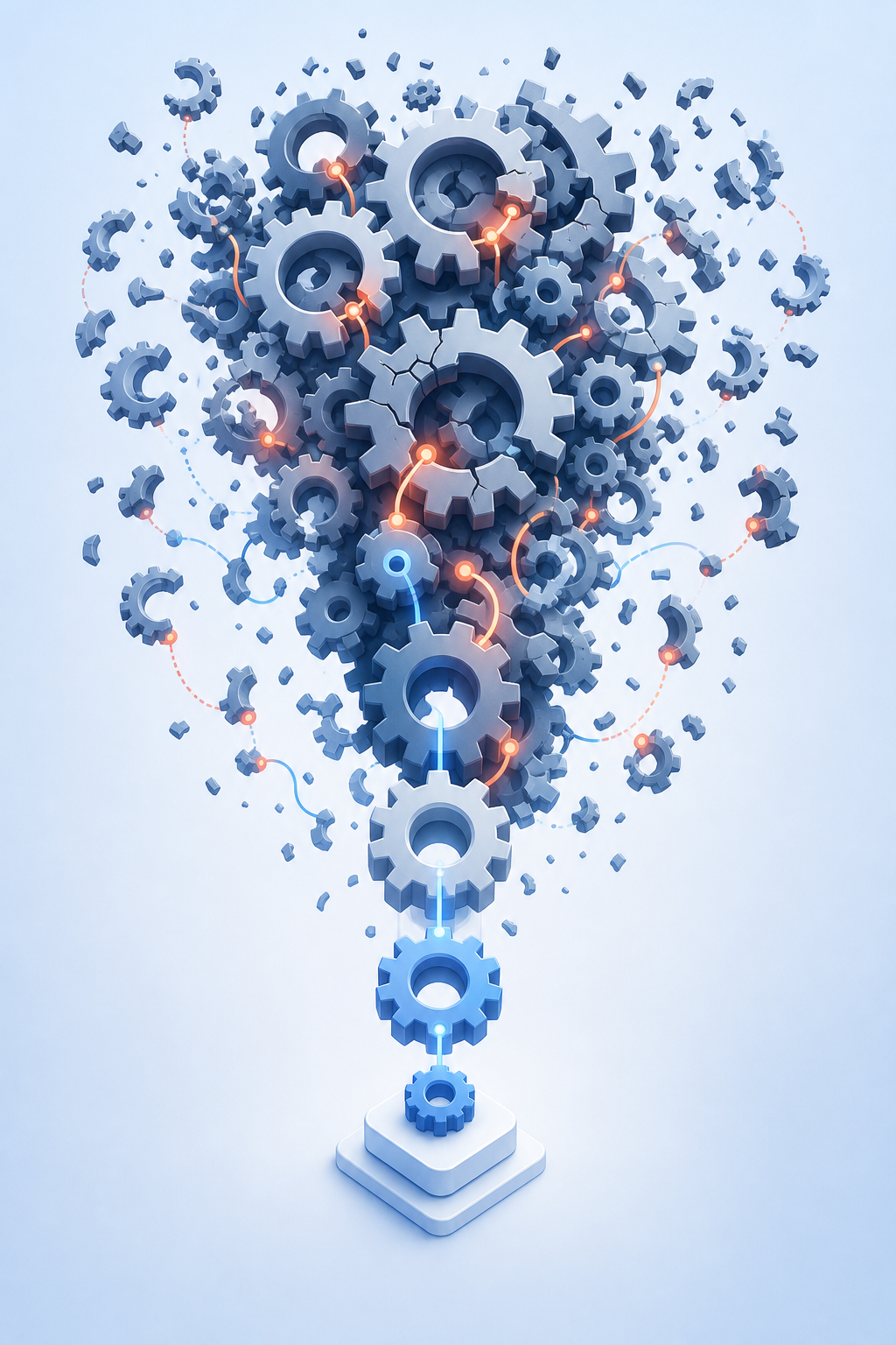 An abstract illustration showing a growing stack of interconnected gears and mechanical components, with some gears worn or cracking under pressure, surrounded by cascading chain reactions of smaller broken parts falling away. The color palette uses deep blues and grays with accent highlights in orange-red to convey stress and compounding complexity. The composition has a sense of scale — a small, clean base at the bottom expanding into an overwhelming, tangled structure at the top — representing engineering maintenance burden growing out of control over time.