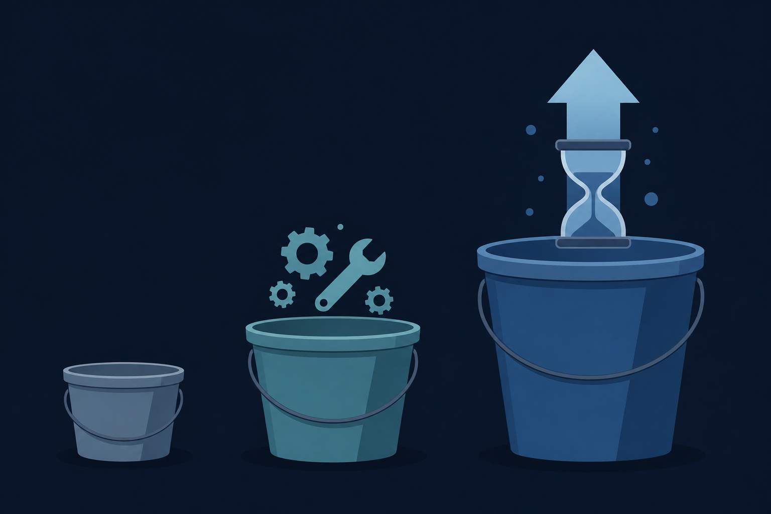 A clean, minimal illustration showing three distinct cost buckets or containers arranged side by side, each progressively larger, representing layered financial costs. The first bucket is small and simple, the second is medium-sized with gear or wrench symbols floating above it suggesting maintenance work, and the third is the largest with an upward arrow or hourglass shape suggesting time and opportunity. Abstract flat design style, muted blue and teal color palette on a dark navy background, no text or numbers, professional and modern.