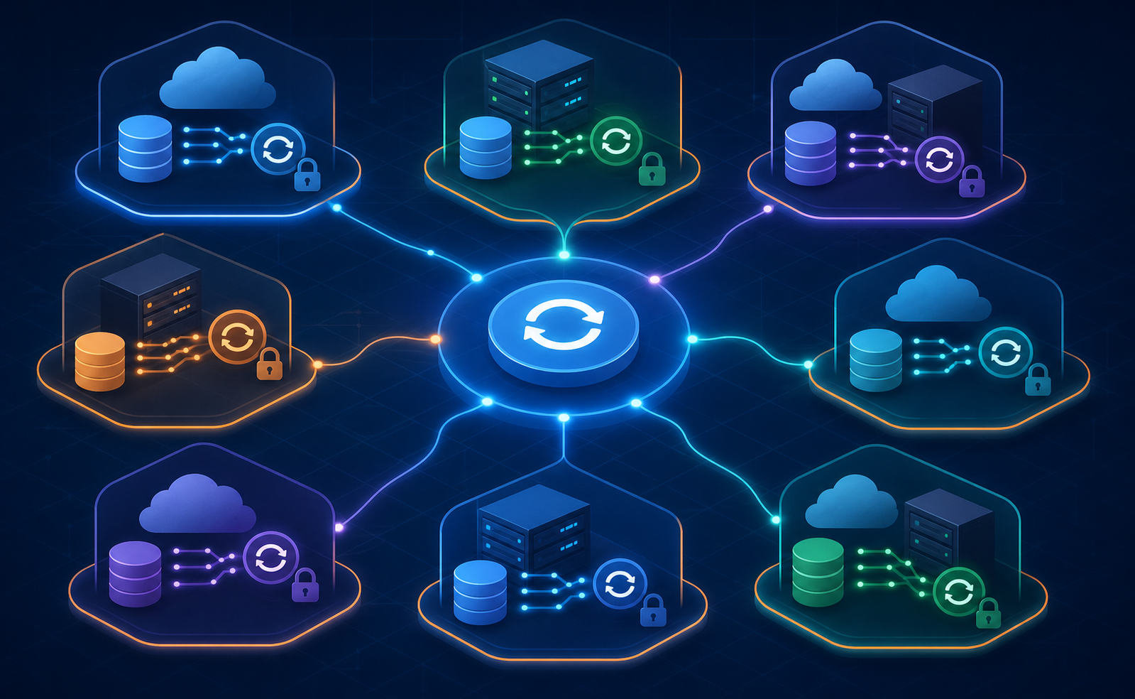 A modern flat-style technical illustration showing multiple isolated tenant environments arranged in a grid layout, each represented as a distinct glowing container or pod with its own data streams, sync cursors, and credential locks. Different pod shapes suggest different server types — cloud, on-premise rack, hybrid. Thin colored connection lines flow from each pod toward a central unified hub or platform node. Dark navy background with subtle grid lines, cool blue and teal tones with orange accent highlights on the isolated boundaries between tenant pods. Abstract, no text or labels.