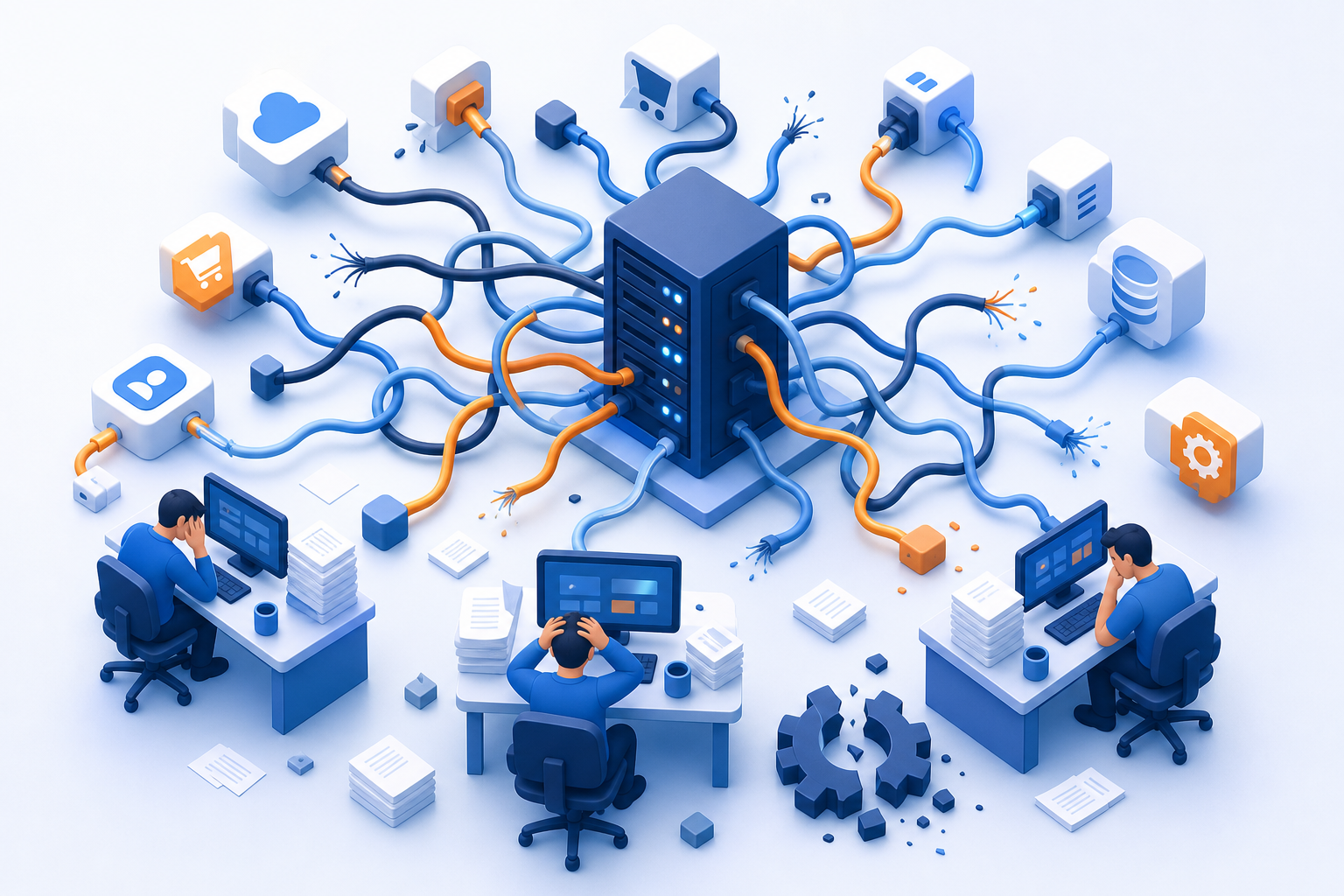 An isometric illustration of a software engineering workspace where multiple tangled cable-like pipelines and connectors branch out in chaotic directions from a central server rack, some fraying or breaking apart, engineers at desks looking overwhelmed surrounded by stacks of maintenance tickets and broken gears, dark blue and orange color palette, clean tech aesthetic, no text or labels