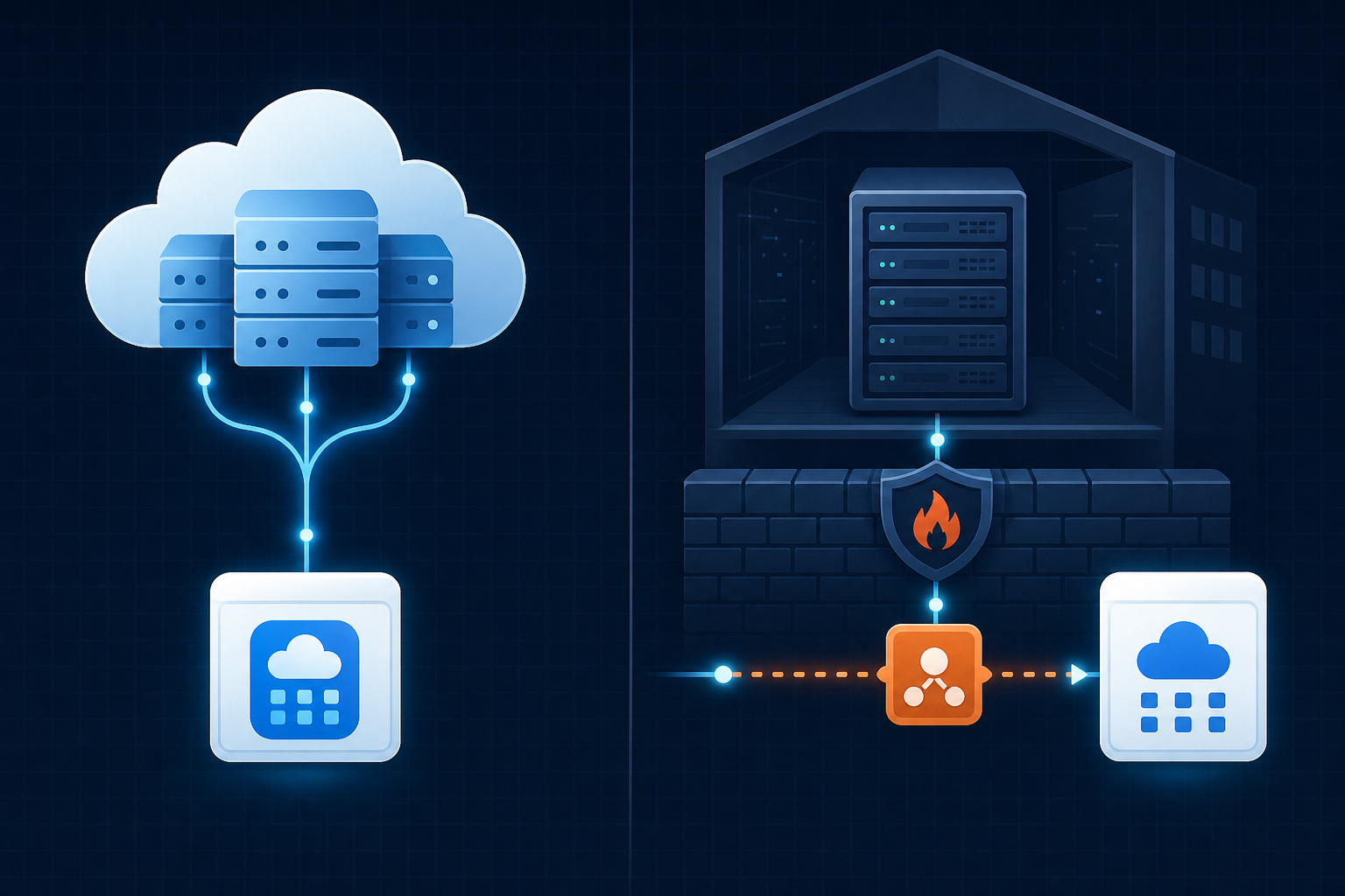 A split architectural diagram illustration showing two distinct server environments side by side. On the left, a clean cloud server cluster with glowing blue connections flowing directly to a SaaS application icon, representing seamless cloud API access. On the right, a physical server rack inside a corporate building with a firewall barrier, a small proxy agent bridging the gap to the external SaaS application through a secure tunnel. Dark navy background with subtle grid lines, modern flat-style technical illustration, cool blue and teal color palette with orange accent highlights on the proxy bridge element.