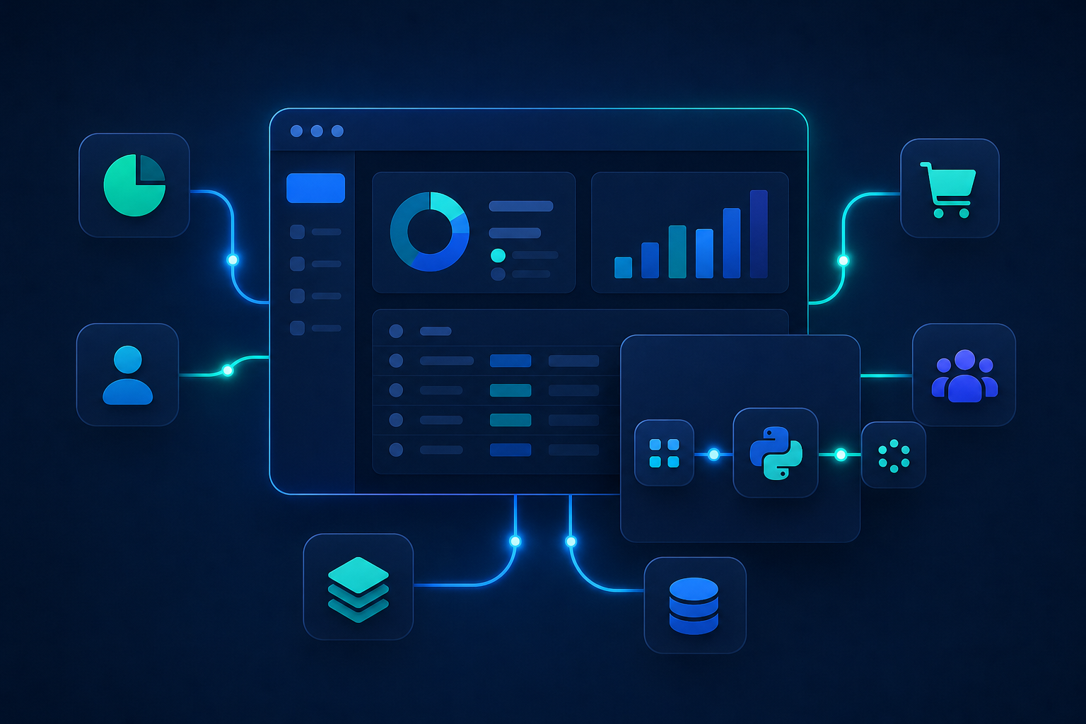 A flat, modern illustration of a B2B SaaS product dashboard with a polished embedded integration panel floating in the foreground. Multiple third-party app icons — accounting software, CRM, e-commerce, HR platform — connect via smooth glowing lines to a central platform hub. Each connection has a small animated pulse traveling along the line. A Python snake icon subtly appears near a transformation node. The color palette uses deep navy, electric blue, and teal accents on a dark background. Clean geometric shapes, no people, no text, no letters, no labels.