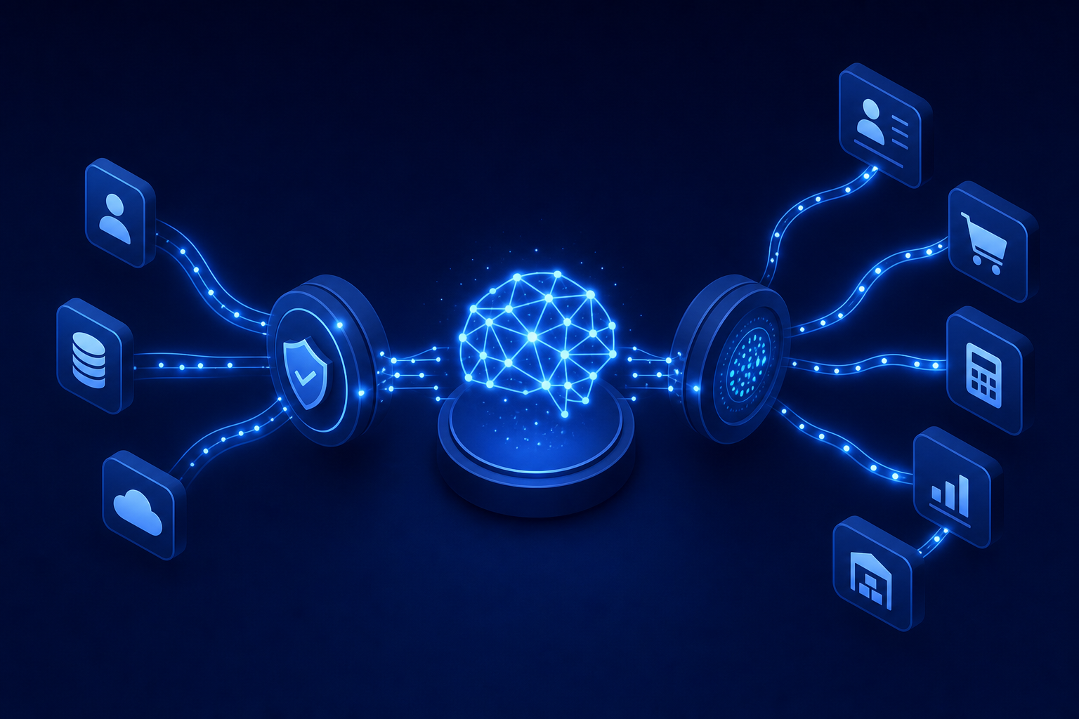 A futuristic isometric illustration of an AI agent represented as a glowing neural network node at the center, with authenticated real-time data streams flowing outward to multiple third-party system icons like CRM, accounting, and ERP platforms, connected via a secure gateway hub, dark navy and electric blue color palette, clean technical aesthetic, no text or labels