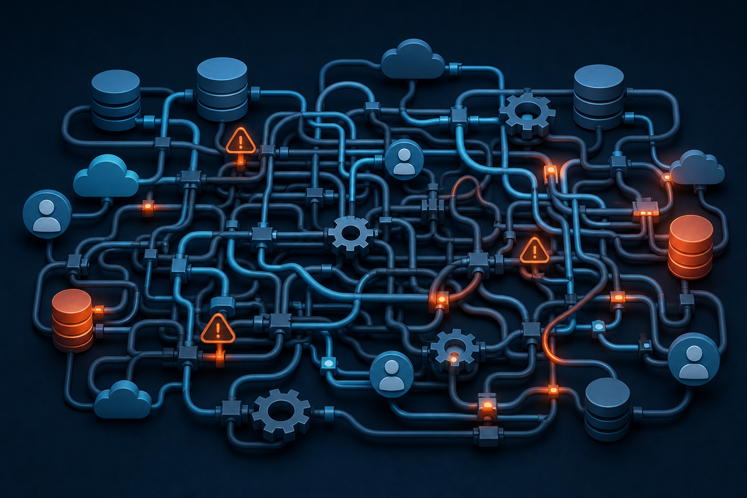 A complex web of interconnected pipes, gears, and data cables spreading across a dark background, representing the tangled infrastructure of custom-built software integrations. Multiple glowing nodes connected by dense, overlapping lines suggest growing technical complexity and maintenance burden. The color palette uses deep blues and teals with orange warning highlights at stressed connection points. The overall composition conveys overwhelming complexity and hidden costs of maintaining a sprawling, hand-built system.