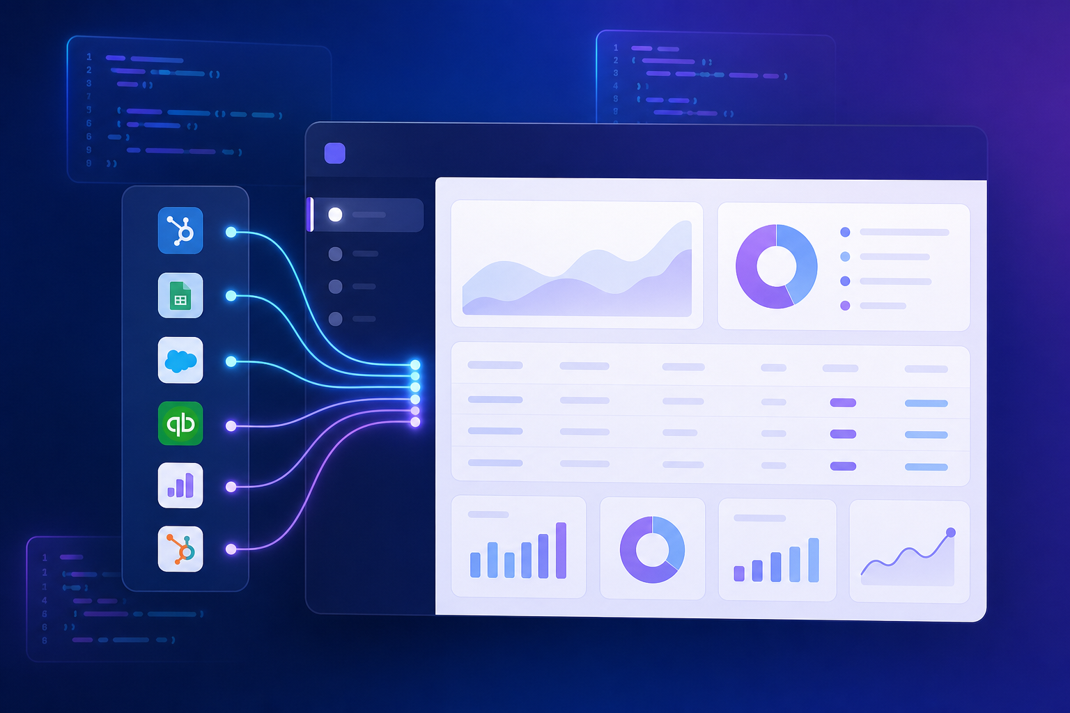 A sleek B2B SaaS product dashboard with a seamlessly embedded integration panel in the sidebar, showing multiple app connector icons (CRM, accounting, marketing tools) connected by smooth flowing lines into the central product interface. The UI looks native and white-labeled with consistent branding — no third-party tool feel. Python code snippets float subtly in the background as glowing fragments, representing data transformation logic. Modern flat design, deep blue and purple gradient palette, clean and minimal aesthetic, no text or labels anywhere in the image.