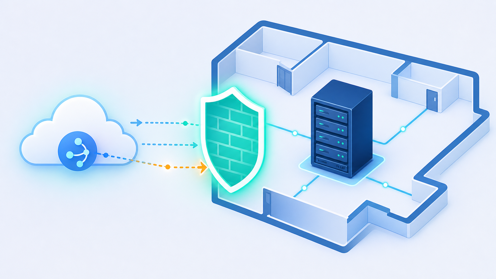 A technical diagram illustration showing an on-premise server inside a corporate network protected by a firewall, with a cloud service outside attempting to connect. The server is depicted as a physical rack unit inside a building floor plan outline, surrounded by a glowing shield representing the firewall barrier. Outside the barrier, a cloud shape with connection arrows points toward the firewall. The color palette is deep navy blue and teal with subtle orange accent highlights. Clean, modern, flat-style illustration with no labels or text.
