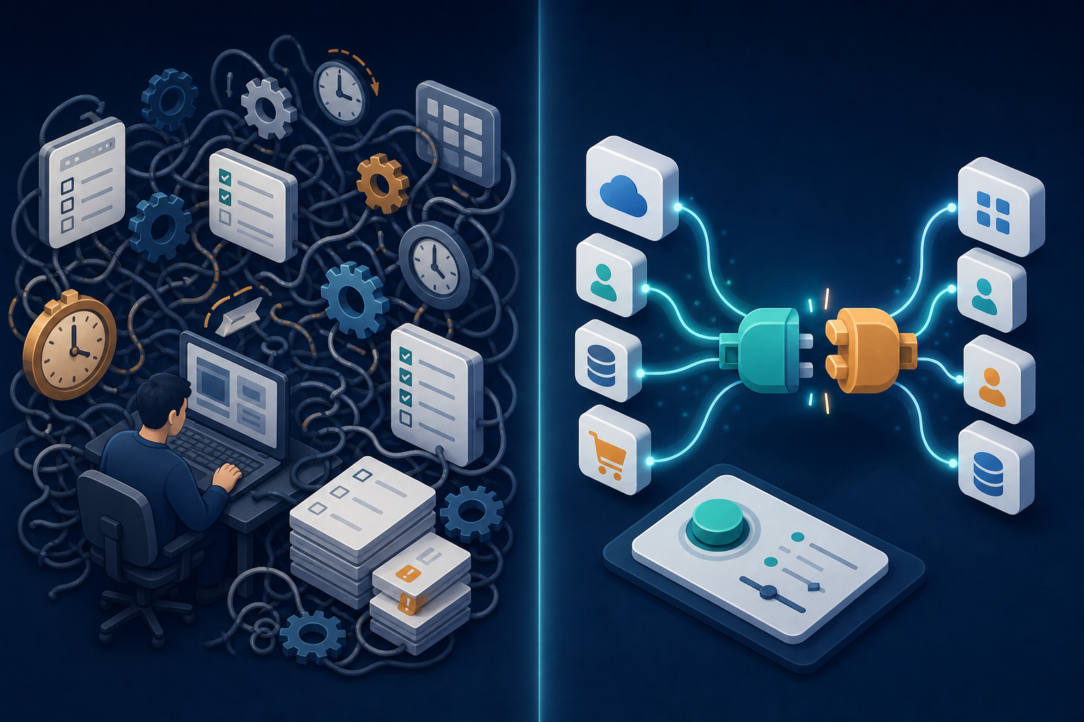 An isometric split-screen illustration contrasting two software development paths. On the left side, a developer surrounded by tangled wires, multiple spinning gears, clock icons showing long hours, and stacked maintenance checklists — representing the complexity of building and maintaining in-house API connectors. On the right side, a clean modular pipeline with smooth flowing data streams, plug-and-socket connector icons snapping together effortlessly, and a simple control panel — representing an embedded iPaaS layer. A subtle dividing line runs down the middle. Color palette: deep navy blue background, teal and amber accent colors, clean white and light gray UI elements, soft glowing data flows.