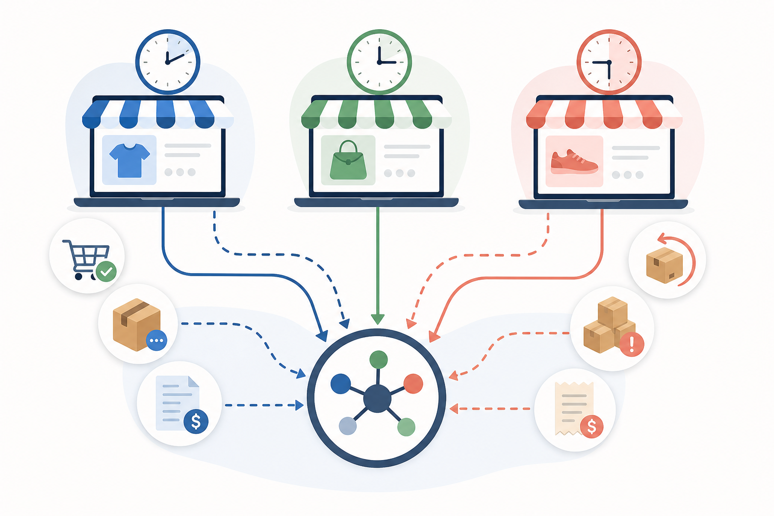 A flat illustration showing a multi-channel e-commerce ecosystem with three distinct online marketplace platforms connected to a central hub, surrounded by floating icons representing orders, refunds, inventory boxes, and payout receipts. Each channel has its own clock showing different timing cycles. Arrows flow from each channel toward a central reconciliation point, some arrows solid and some dashed to suggest complexity and timing mismatches. Clean modern style with muted blues, greens, and coral accents on a light background.