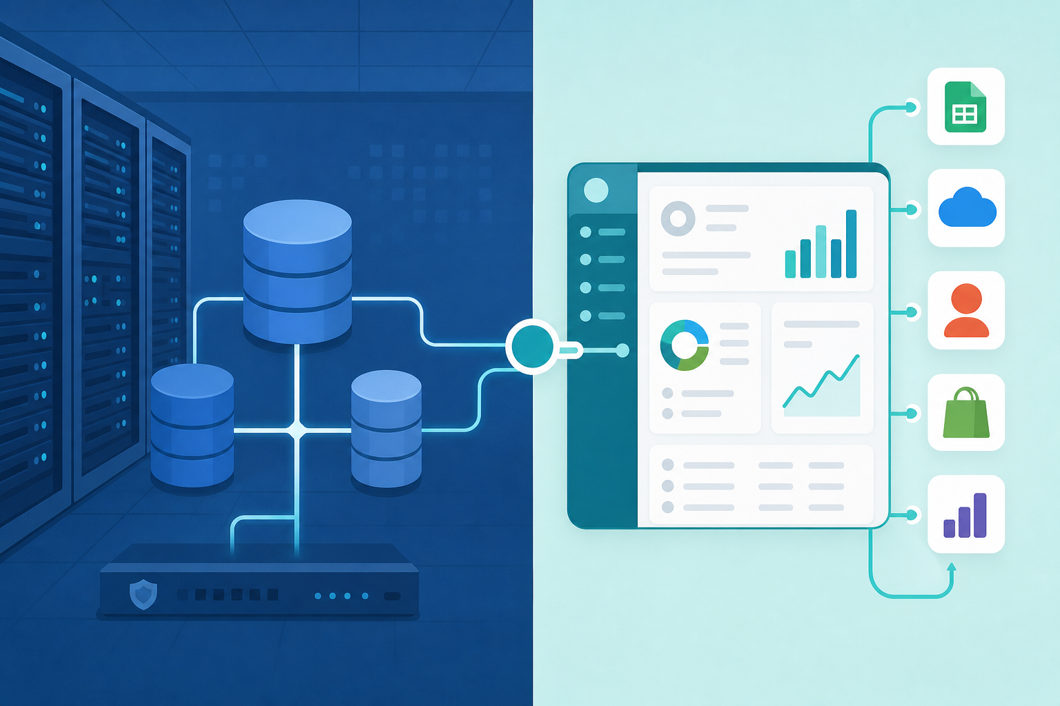 A split-screen illustration showing two distinct worlds: on the left, a corporate enterprise data center with server racks, database cylinders, and internal network connections flowing between them, representing internal IT infrastructure; on the right, a modern SaaS product interface with a clean dashboard and multiple colorful third-party app icons (accounting software, CRM, e-commerce) connecting seamlessly into it, representing customer-facing integrations. Warm blue and teal color palette, flat design style, no text or labels anywhere.