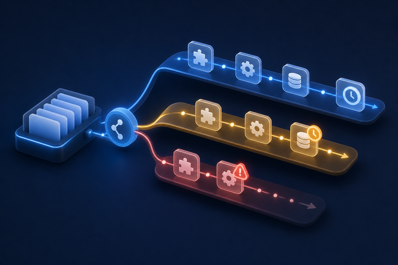 An isometric illustration of a product roadmap triage process — three distinct lanes or tracks branching from a central queue, each lane representing a different priority tier, with glowing connector icons (representing software integrations) flowing through the lanes at different speeds. Some connectors are marked with urgency indicators like clock symbols or alert badges. Dark background with deep blue and amber accent colors, clean modern tech aesthetic, no text or labels.