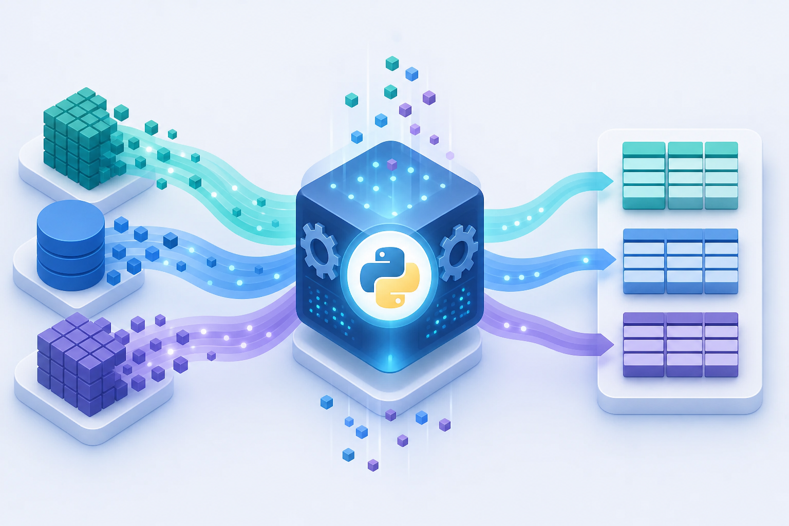 An abstract isometric illustration of a data transformation pipeline: raw data flowing in from multiple sources on the left (represented as colorful blocks and streams), passing through a central processing node with gears and code symbols, then outputting clean structured data on the right. Python logo subtly integrated as a glowing orb in the processing core. Blue, teal, and purple color palette. Clean, modern tech aesthetic with no text, words, or labels anywhere in the image.