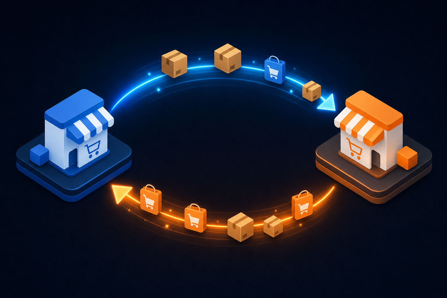A clean isometric diagram showing bidirectional data flow between two e-commerce platform nodes connected by glowing arrows, with inventory boxes and order symbols flowing along the arrows in both directions, modern flat design with blue and orange accent colors, no text or labels