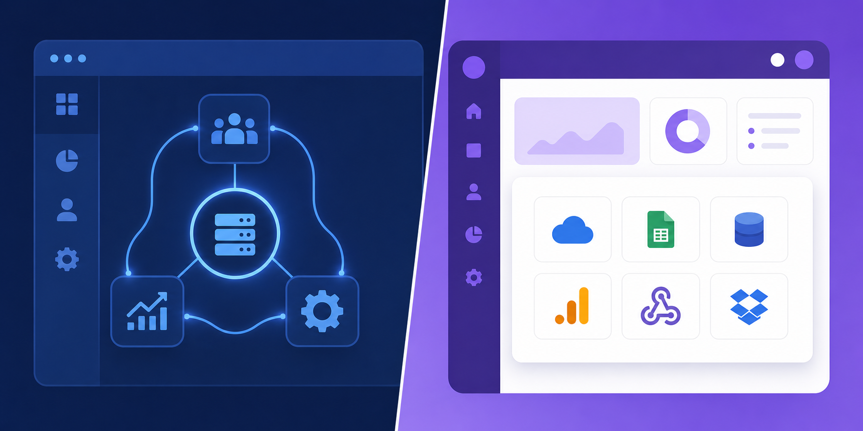 A split-screen illustration showing two contrasting software integration scenarios: on the left, a clean enterprise dashboard with interconnected internal business system icons (CRM, HR, ERP) connected by smooth flowing lines representing internal IT automation; on the right, a sleek B2B SaaS product interface with a white-labeled integration panel embedded seamlessly inside it, showing customer-facing integration tiles with brand-consistent styling. Modern flat design, blue and purple color palette, no text or labels anywhere in the image.