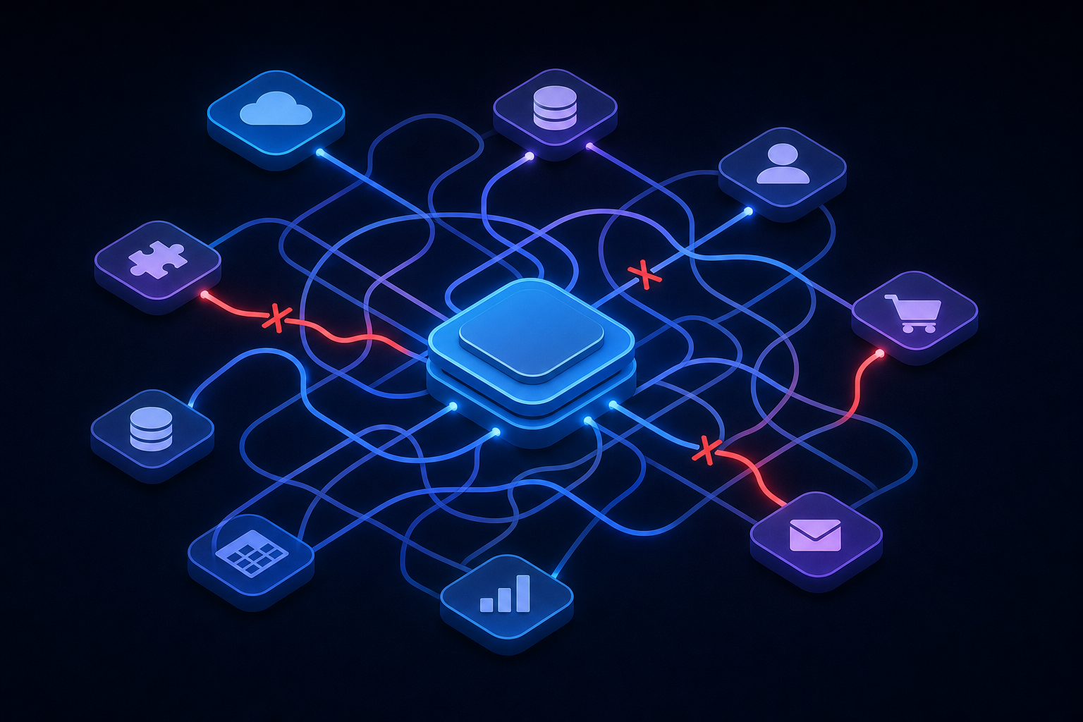 An abstract technical diagram showing a central software platform hub connected to many third-party service nodes via tangled, overlapping connector lines, representing the growing complexity of managing multiple API integrations. Dark background with glowing blue and purple network nodes, some connections highlighted in red to suggest breaking points or stress. Clean isometric perspective, no labels or text.