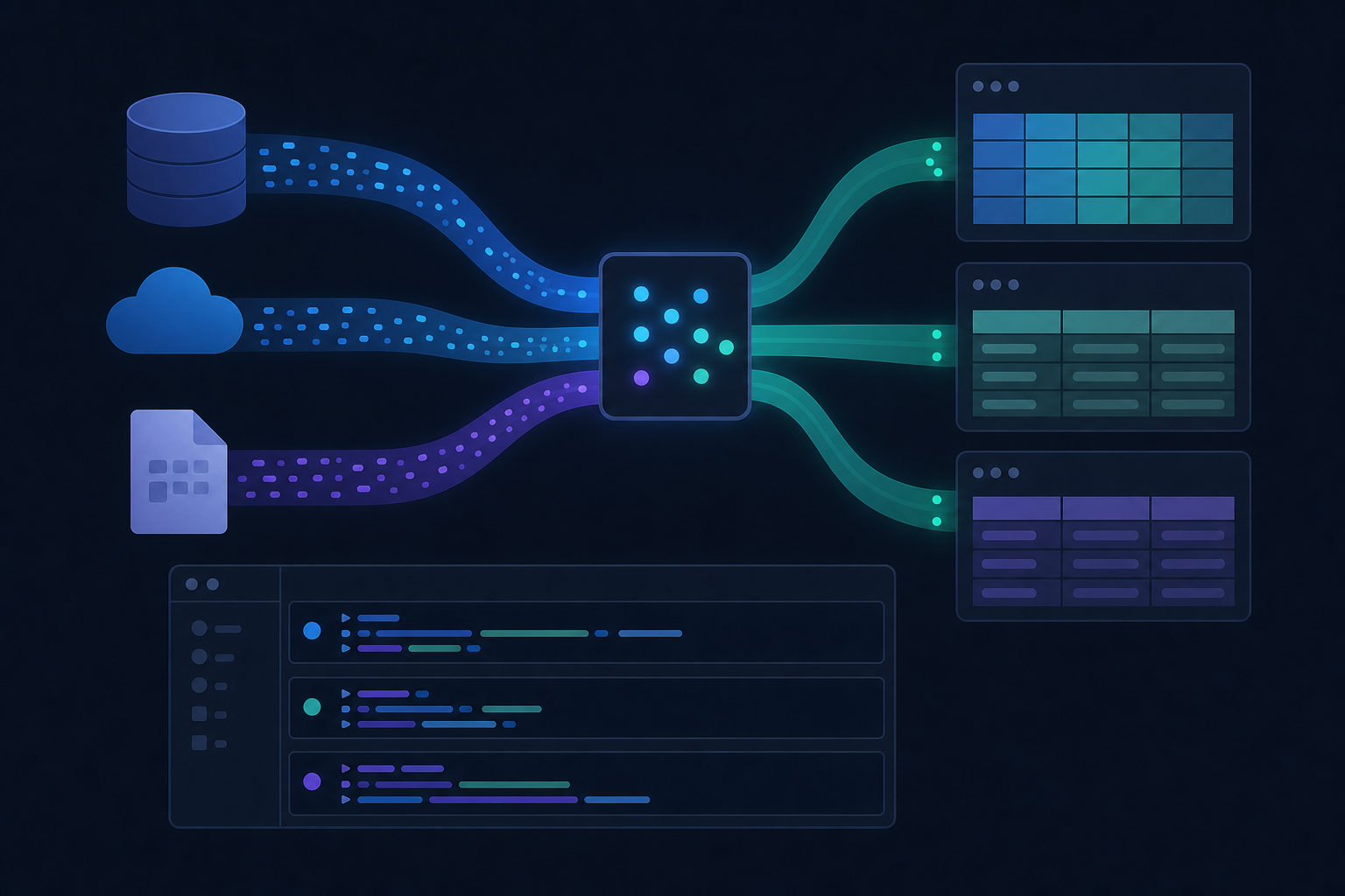 A developer workspace visualization showing Python data transformation pipelines, with abstract flowing data streams converting between different formats, Pandas dataframe grids morphing into clean structured tables, Jupyter notebook interface aesthetic with dark background, glowing blue and green code-like data flows, multi-source data joining at a central processing node, modern technical illustration style, no text or labels