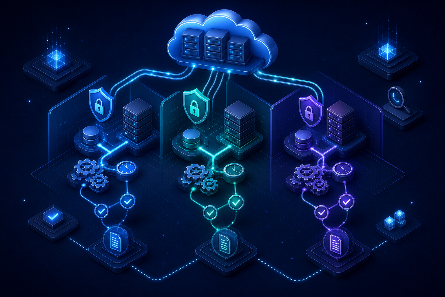 A detailed isometric illustration of a multi-tenant cloud infrastructure diagram showing isolated server nodes connected by data pipelines, with gear mechanisms representing sync scheduling and retry logic, glowing checkmarks symbolizing successful record matching and audit trails, layered security shields representing tenant isolation, dark navy background with teal and blue accent colors, no text or labels