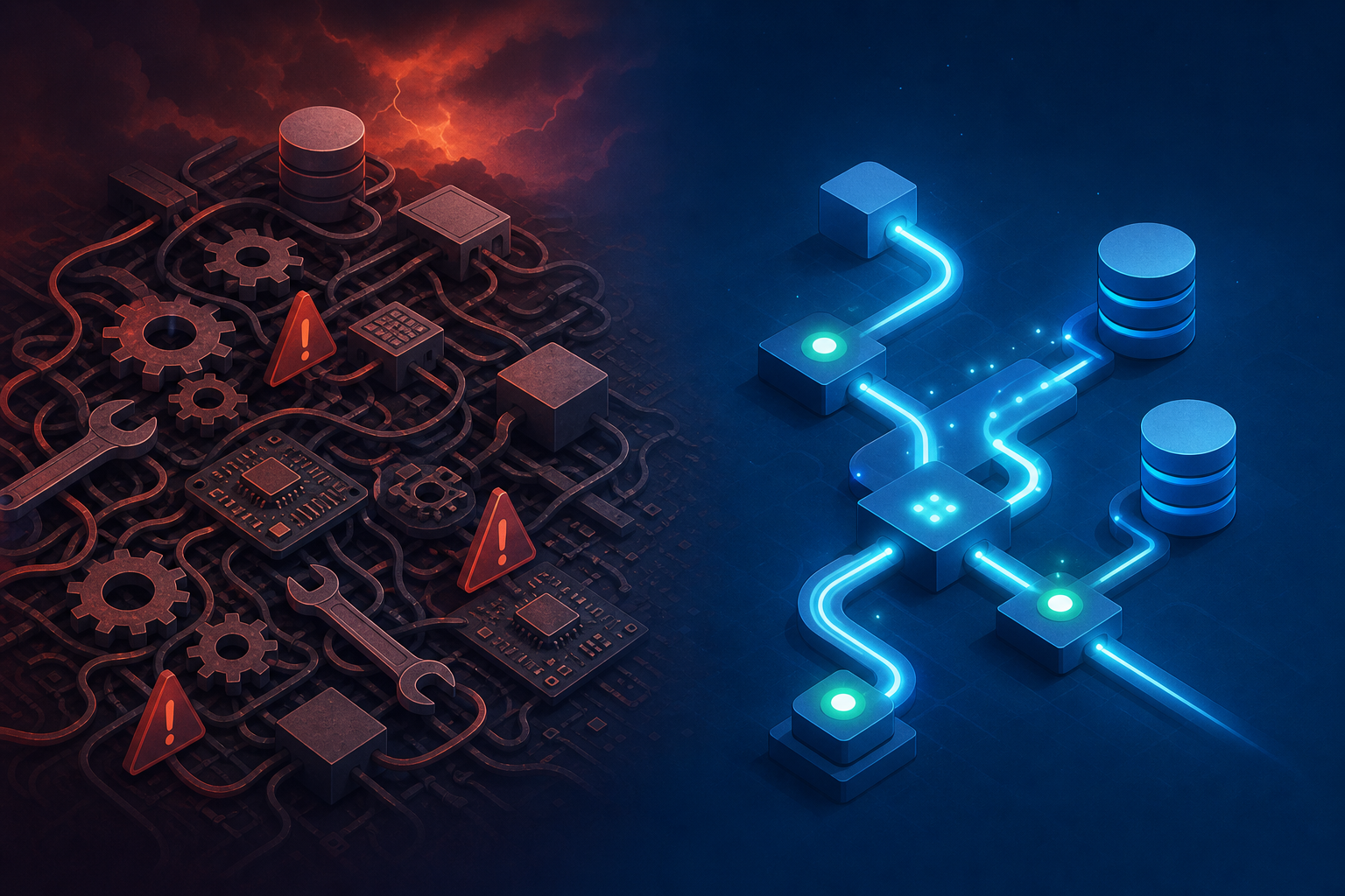 A split composition showing two contrasting sides: on the left, a tangled web of gears, wrenches, circuit boards, and warning symbols representing manual engineering overhead and complexity; on the right, a clean streamlined pipeline with smooth flowing connectors, glowing nodes, and a sense of order and efficiency. Dark gradient background transitioning from stormy red-orange on the left to calm deep blue on the right. Abstract, isometric, no people, no text.