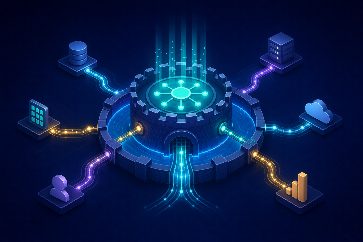A digital fortress or moat structure built from glowing interconnected network nodes and data pipelines, symbolizing a competitive moat created by deep software integrations. Multiple glowing pathways flow into and out of a central platform hub, with smaller satellite systems orbiting around it. The color palette uses deep navy blues and purples with bright teal and gold accents at the connection points. The overall composition conveys strength, reliability, and the compounding value of a deeply integrated product ecosystem.