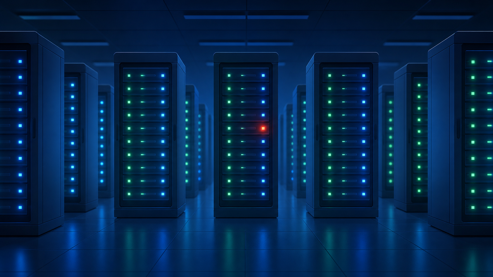 A dark server room with rows of glowing server racks, one rack in the middle has a single subtle red warning light blinking while all others glow blue-green, representing a silent failure hidden among normal operations — no text, no labels, no words