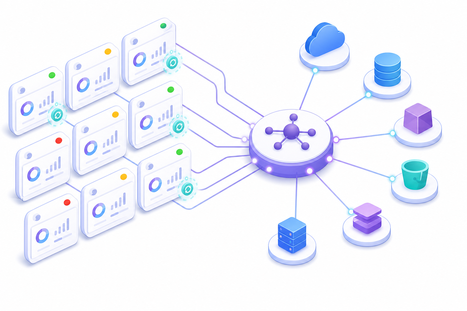 An isometric illustration showing a grid of individual software tenant cards, each with its own small dashboard and colored status indicator (green, yellow, red), connected by thin lines to a central orchestration hub. Some cards show sync activity animations. The hub radiates connection lines outward to multiple cloud service icons. Soft blue, purple, and teal color palette, modern flat design, clean white background, no text or labels anywhere.