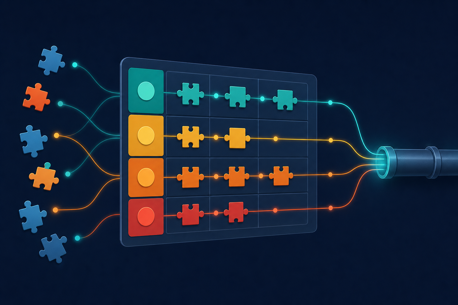 A clean flat-design digital illustration of a product roadmap board with color-coded priority lanes. Connector nodes and puzzle pieces are arranged in a funnel from left to right, representing integration requests being sorted and sequenced by business impact. Glowing teal and orange connection lines flow between the sorted items toward a central pipeline. Dark navy background with a modern, minimal aesthetic. No text, no letters, no labels, no numbers.