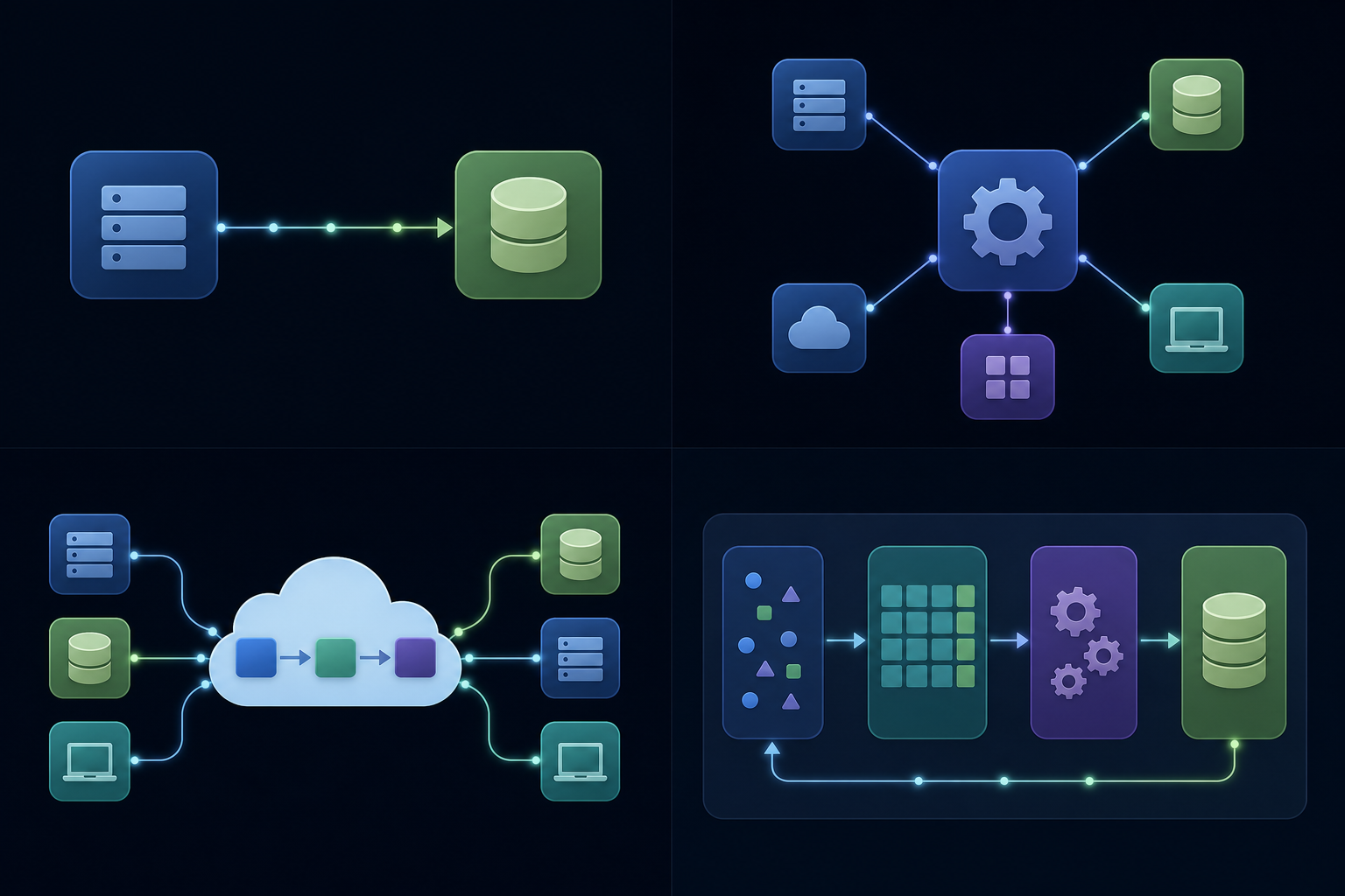 A clean technical diagram showing four different software integration architecture patterns arranged in a visual comparison layout: point-to-point connections between two nodes, a central middleware hub with multiple spokes, a cloud-based workflow automation platform with connected blocks, and an embedded ETL pipeline with layered data processing stages. Modern flat design style with muted blues, greens, and grays, dark background, glowing connector lines, abstract data flow arrows between system nodes, no text or labels anywhere in the image