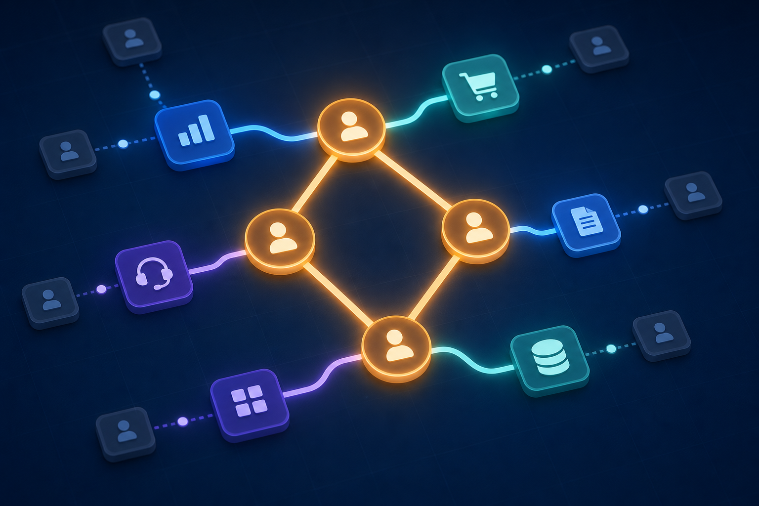 A top-down view of a strategic planning board with interconnected nodes and weighted decision paths — larger glowing nodes representing high-value accounts connected by thick luminous lines to integration icons like a CRM, payroll system, and ERP. Smaller, dimmer nodes branch off at the edges representing lower-priority requests. The overall composition suggests a prioritized, data-driven roadmap, rendered in a dark tech-inspired palette with deep blues, purples, and amber accents. No text, labels, or symbols.