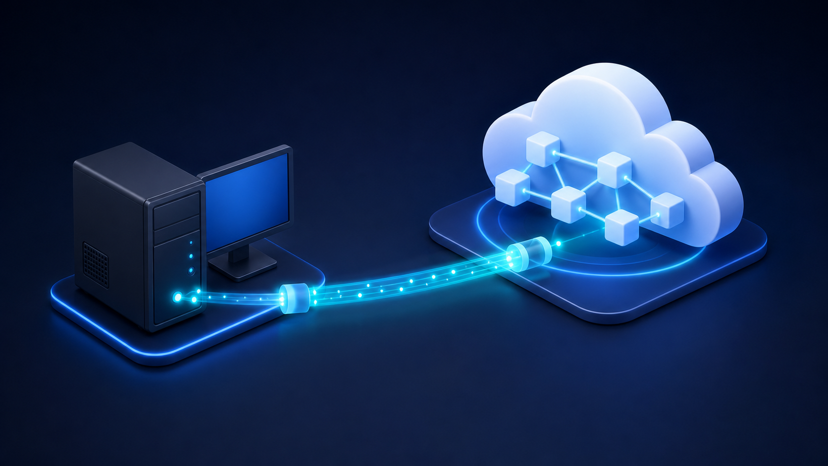 A technical illustration showing an on-premise server or desktop computer connected to a cloud infrastructure through a secure tunnel or bridge. The desktop machine sits on one side, represented as a physical tower or workstation with glowing connection ports, while on the other side floats a modern cloud platform with interconnected nodes. The connection between them is depicted as a glowing data conduit or cable crossing from local hardware to cloud, symbolizing a hybrid bridge architecture. Dark background with blue and teal neon accents, clean and minimal technical aesthetic, no labels or text.
